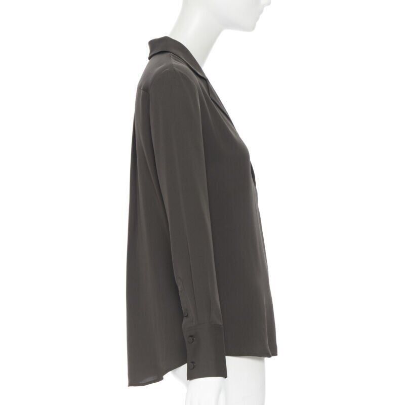 new FRAME Dark Moss green 100% silk spread collar popover shirt blouse XS