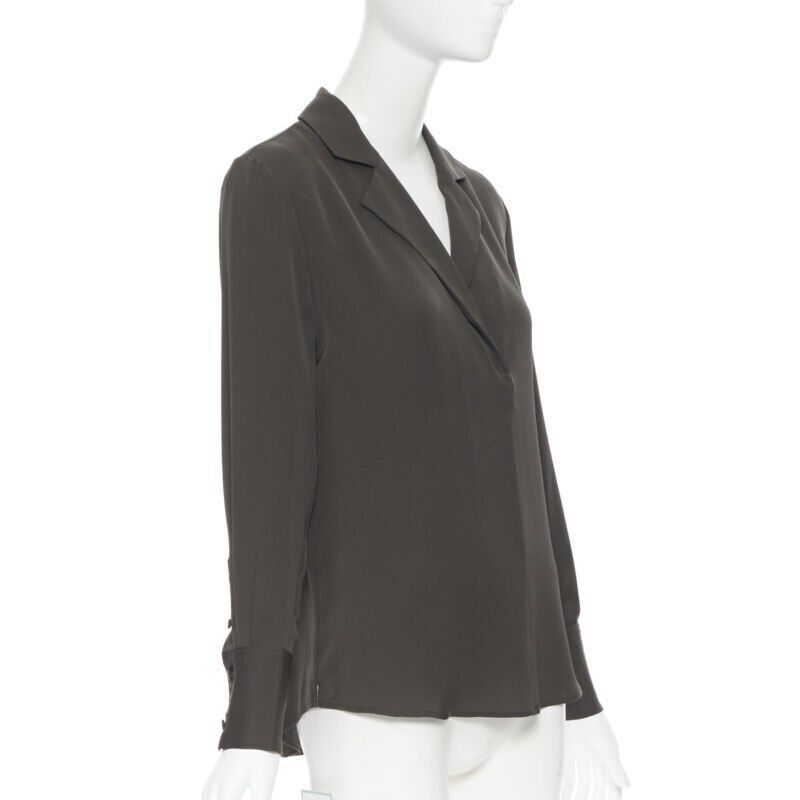 new FRAME Dark Moss green 100% silk spread collar popover shirt blouse XS