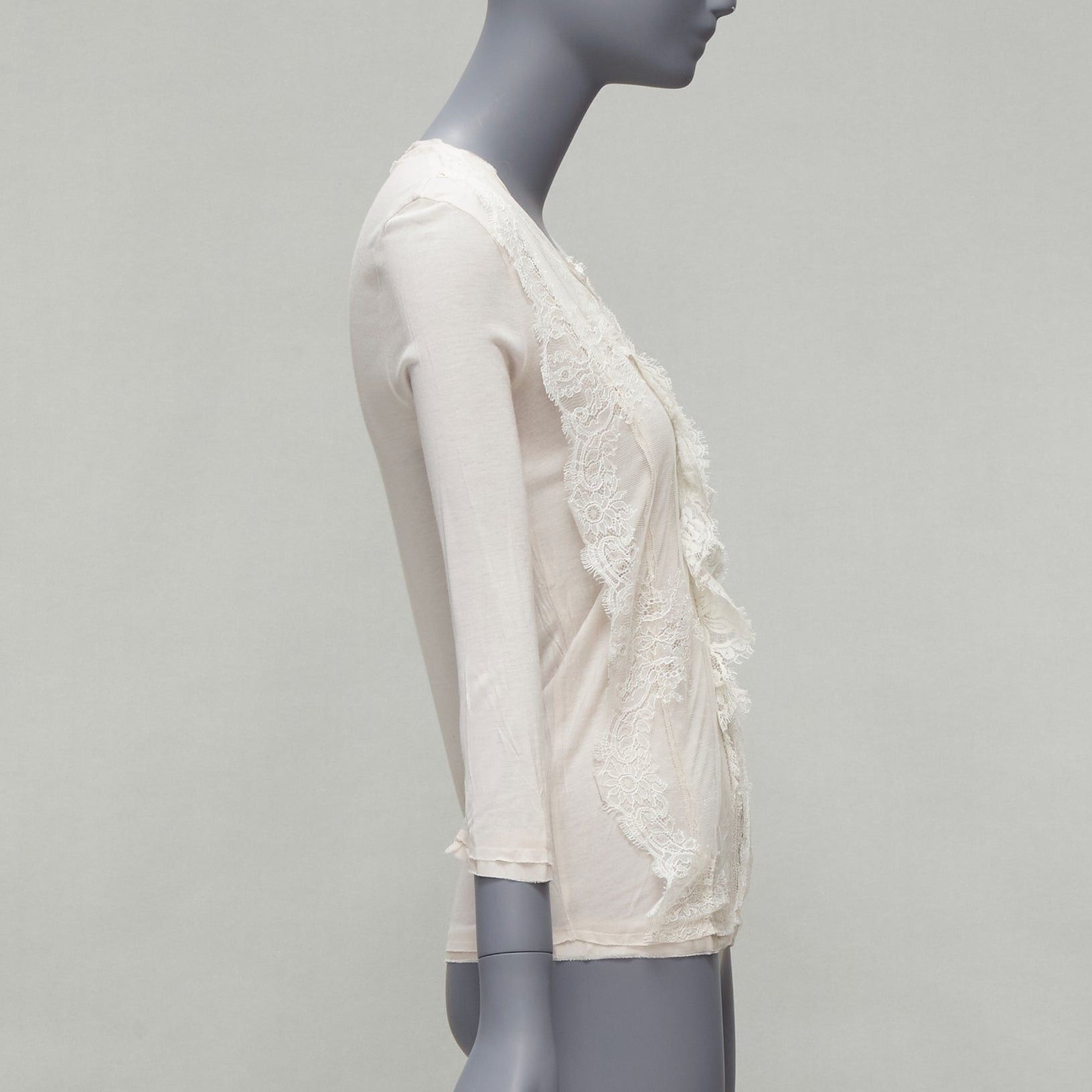 Lanvin LANVIN off white lace overlay asymmetric cropped 3/4 sleeve top FR32 XXS Size XS / US 0-2 / IT 36-38 - 4 Thumbnail