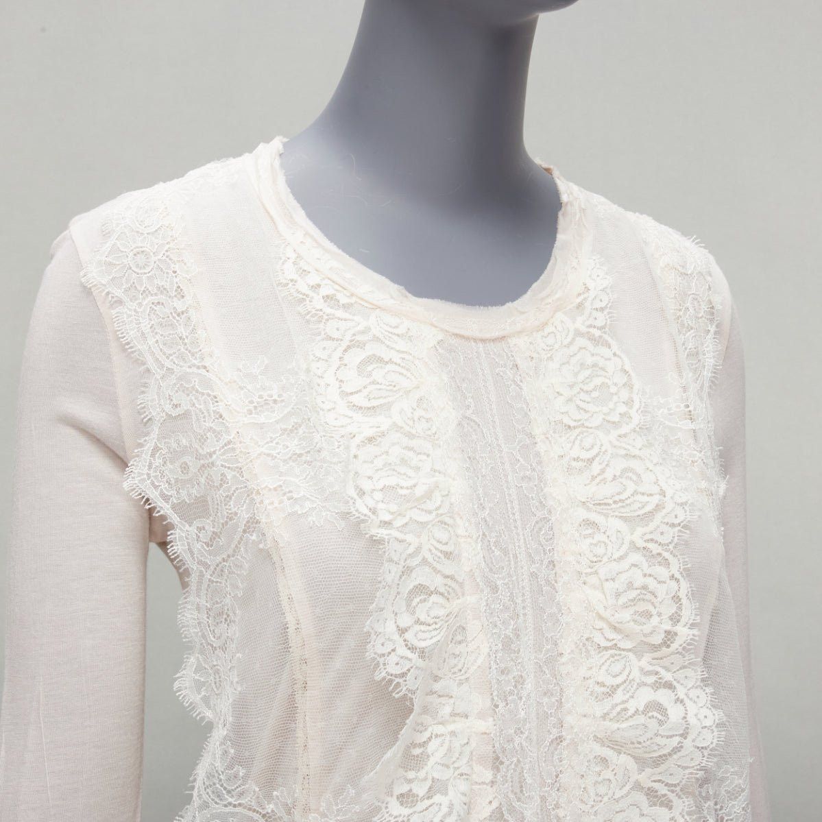 Lanvin LANVIN off white lace overlay asymmetric cropped 3/4 sleeve top FR32 XXS Size XS / US 0-2 / IT 36-38 - 2 Thumbnail