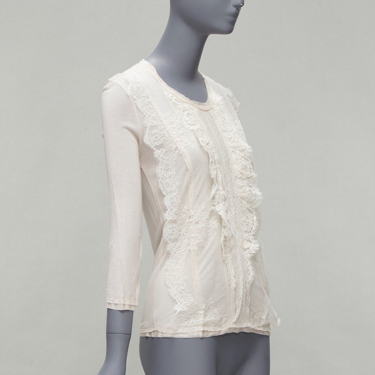 Lanvin LANVIN off white lace overlay asymmetric cropped 3/4 sleeve top FR32 XXS Size XS / US 0-2 / IT 36-38 - 3 Thumbnail