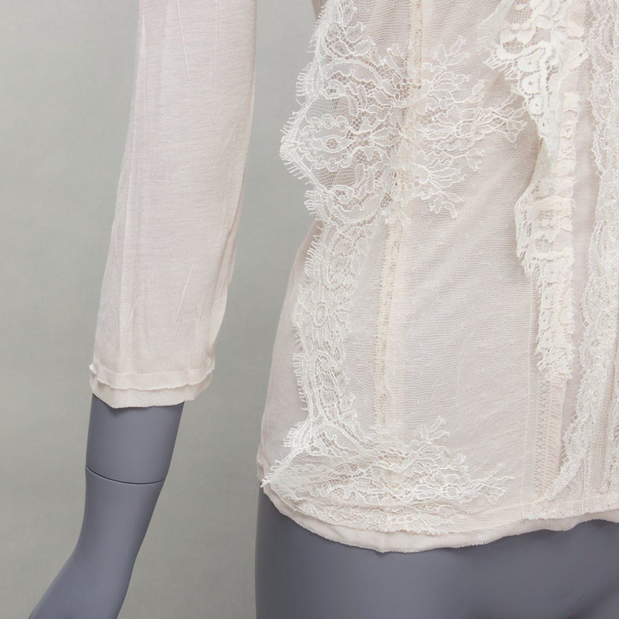 Lanvin LANVIN off white lace overlay asymmetric cropped 3/4 sleeve top FR32 XXS Size XS / US 0-2 / IT 36-38 - 8 Thumbnail