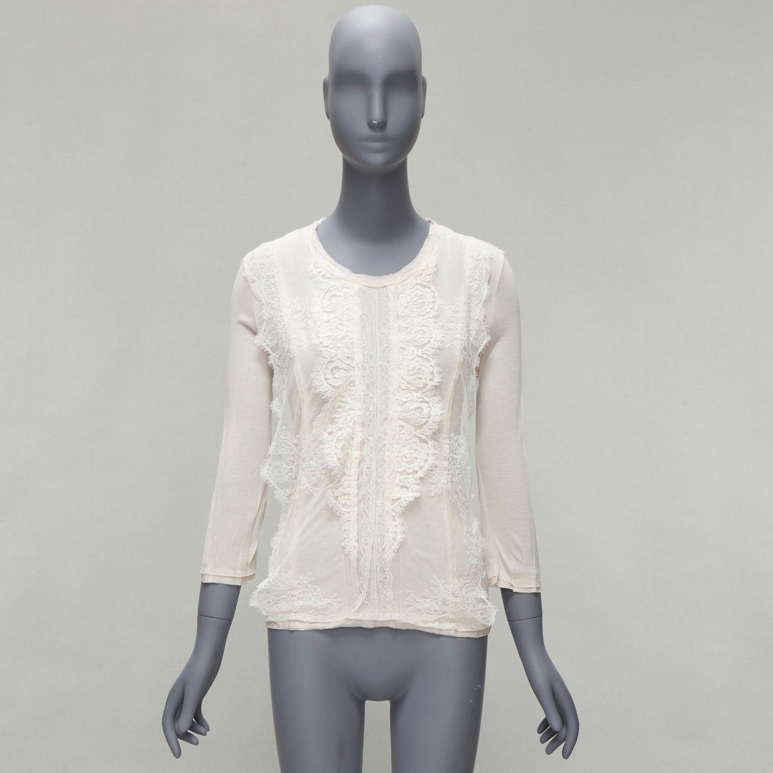 Lanvin LANVIN off white lace overlay asymmetric cropped 3/4 sleeve top FR32 XXS Size XS / US 0-2 / IT 36-38 - 10 Thumbnail