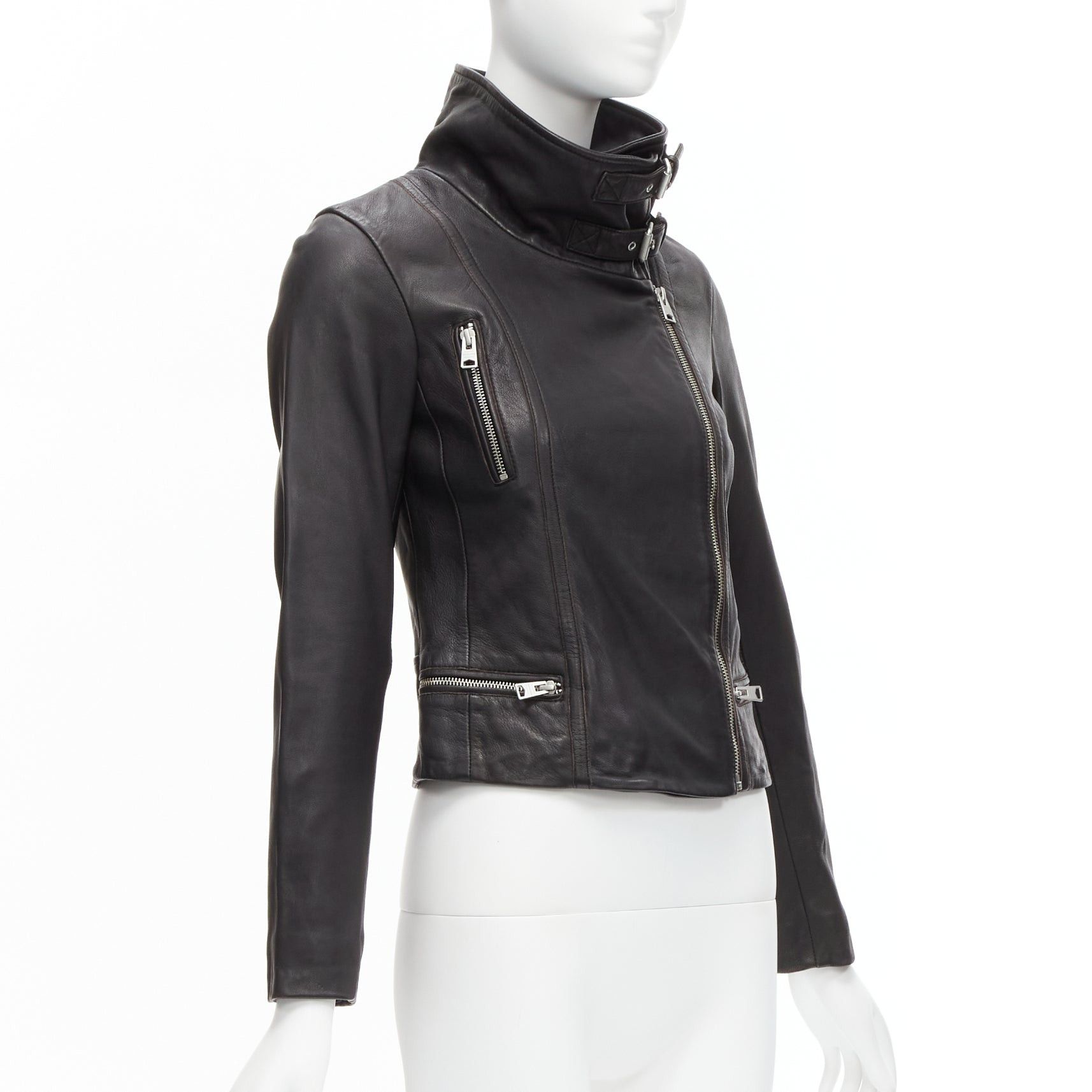 Allsaints ALL SAINTS Bales black lamb leather buckles funnel collar biker jacket UK6 XS Size XS / US 0-2 / IT 36-38 - 4 Thumbnail