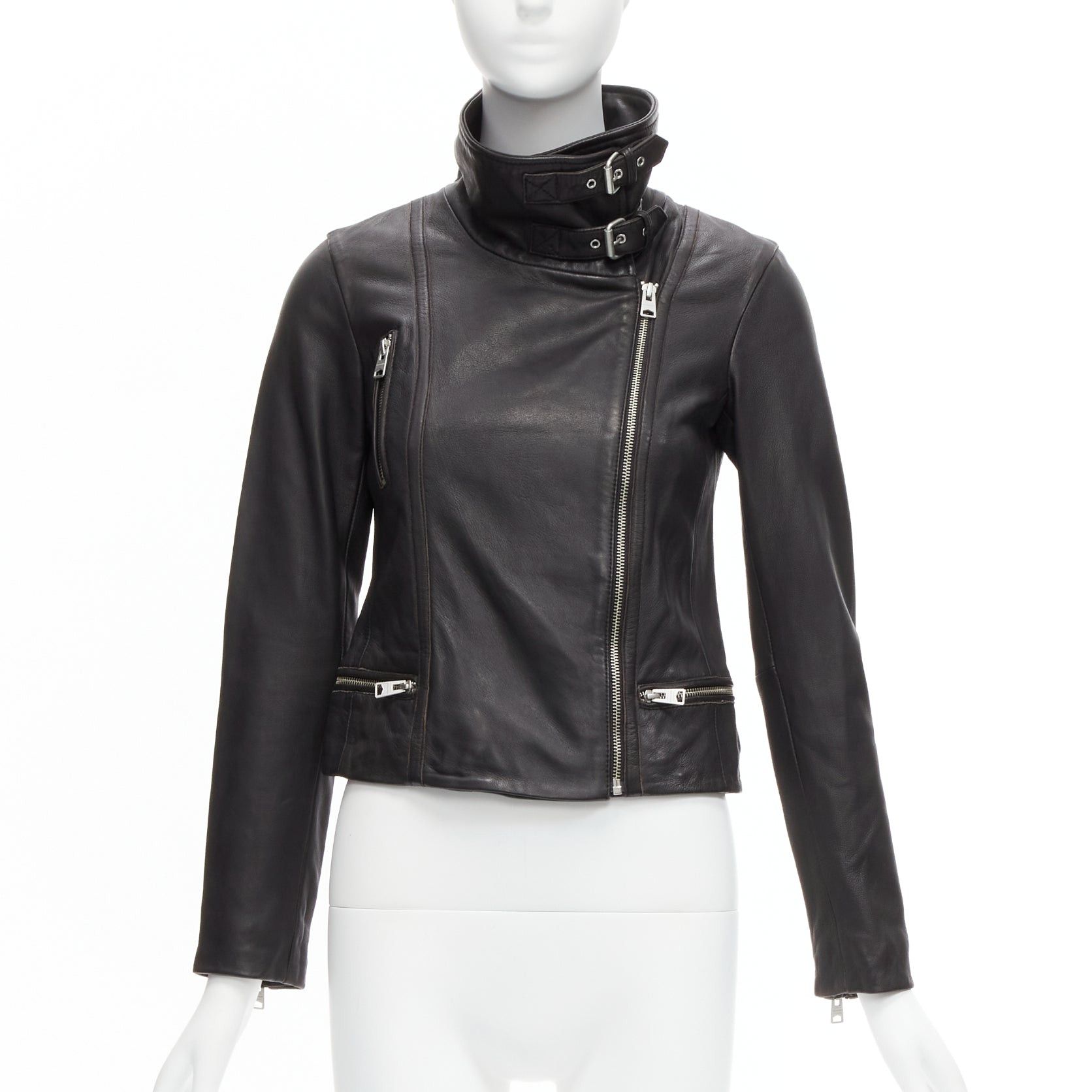 Allsaints ALL SAINTS Bales black lamb leather buckles funnel collar biker jacket UK6 XS Size XS / US 0-2 / IT 36-38 - 3 Thumbnail