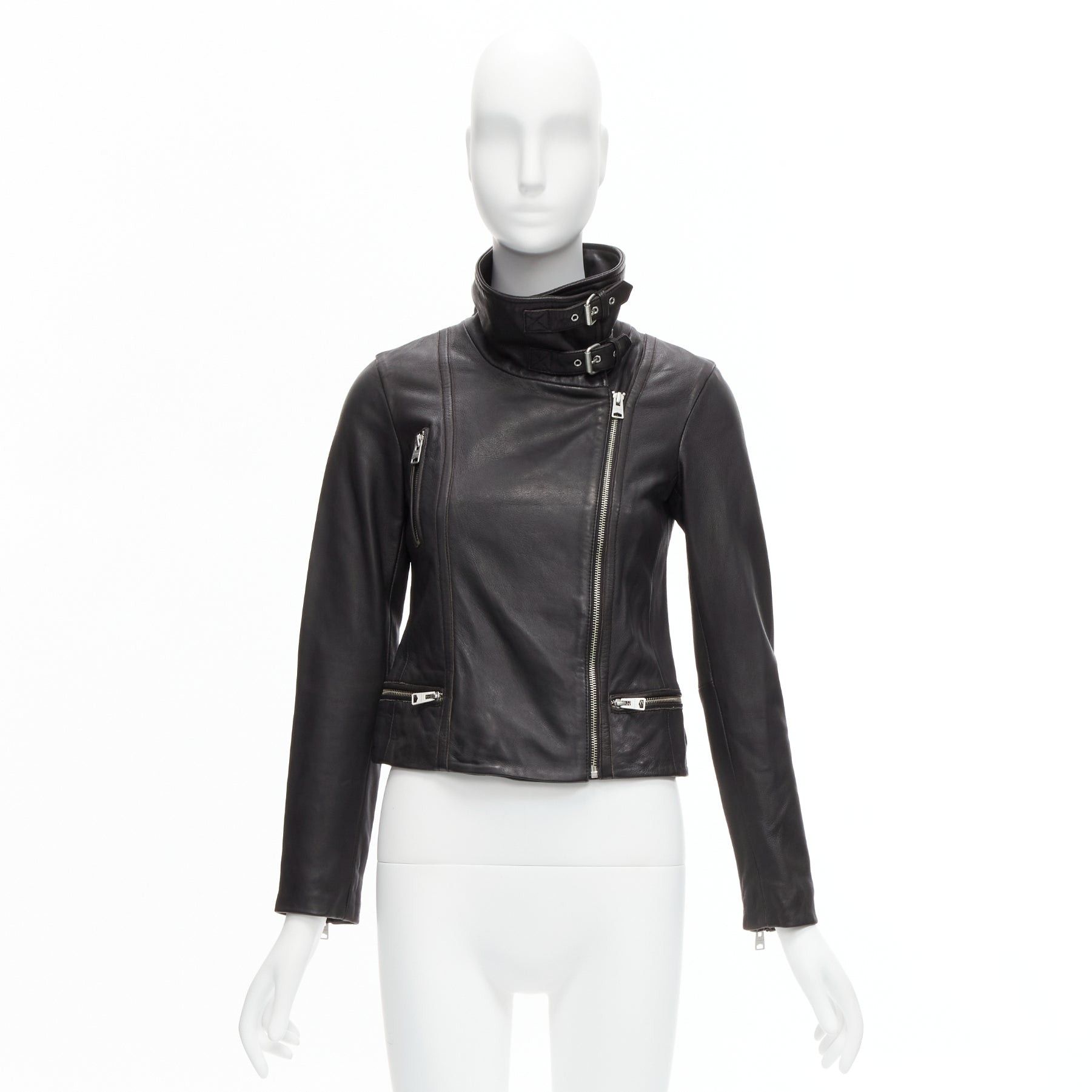 Allsaints ALL SAINTS Bales black lamb leather buckles funnel collar biker jacket UK6 XS Size XS / US 0-2 / IT 36-38 - 11 Thumbnail
