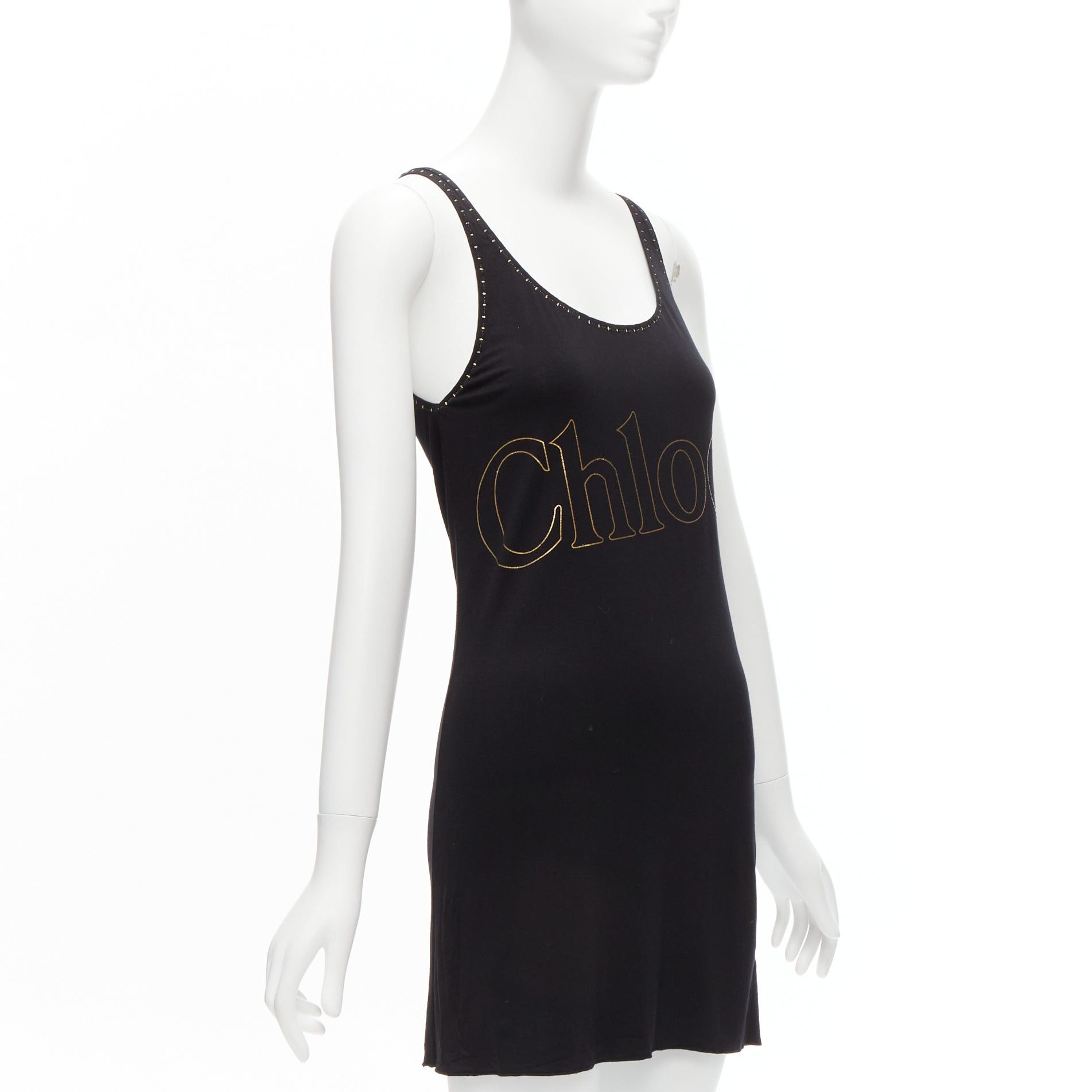 Chloe CHLOE gold foil logo black topstitch detail rock chic tank top dress S Size S / US 4 / IT 40 - 3 Thumbnail