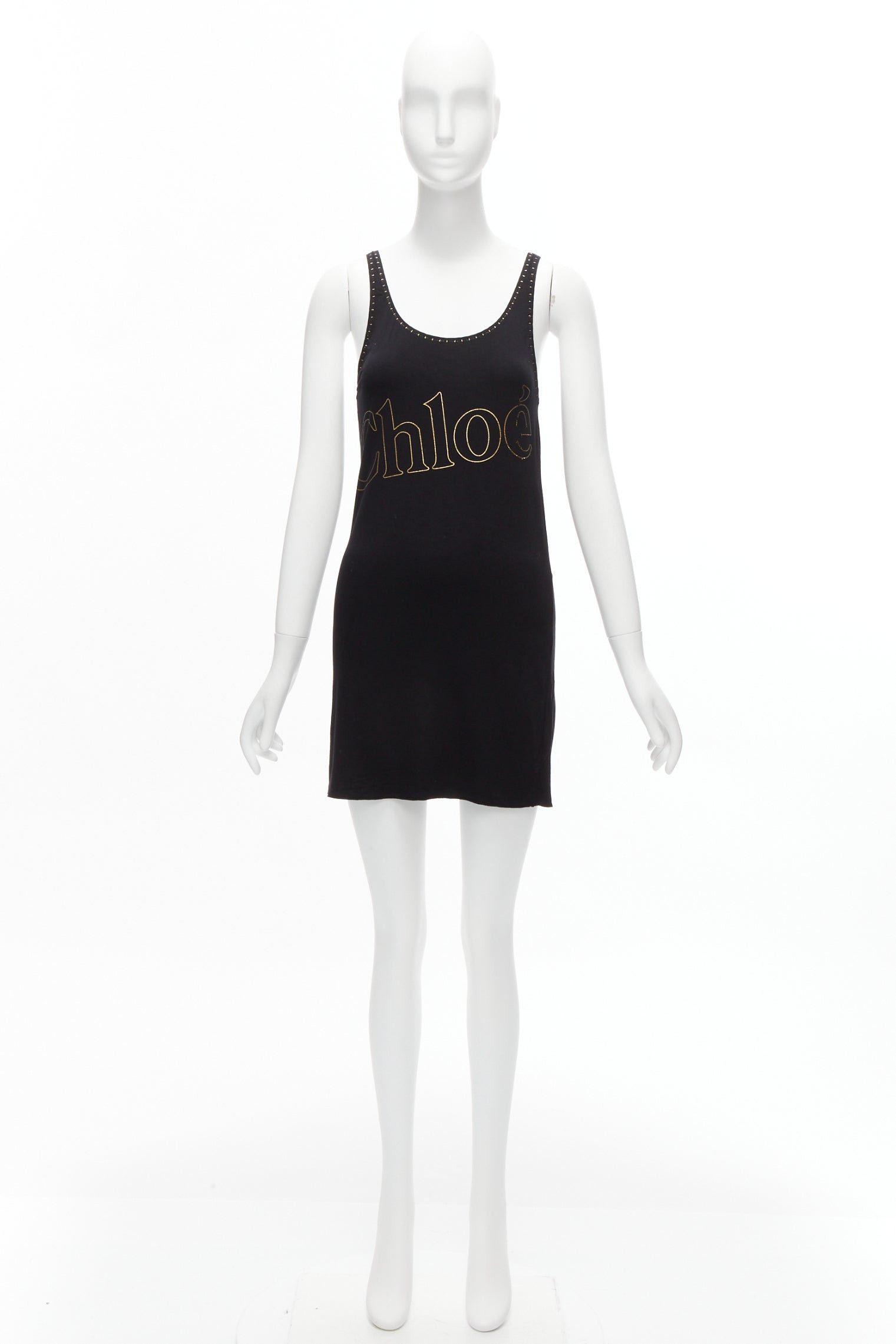 Chloe CHLOE gold foil logo black topstitch detail rock chic tank top dress S Size S / US 4 / IT 40 - 10 Thumbnail