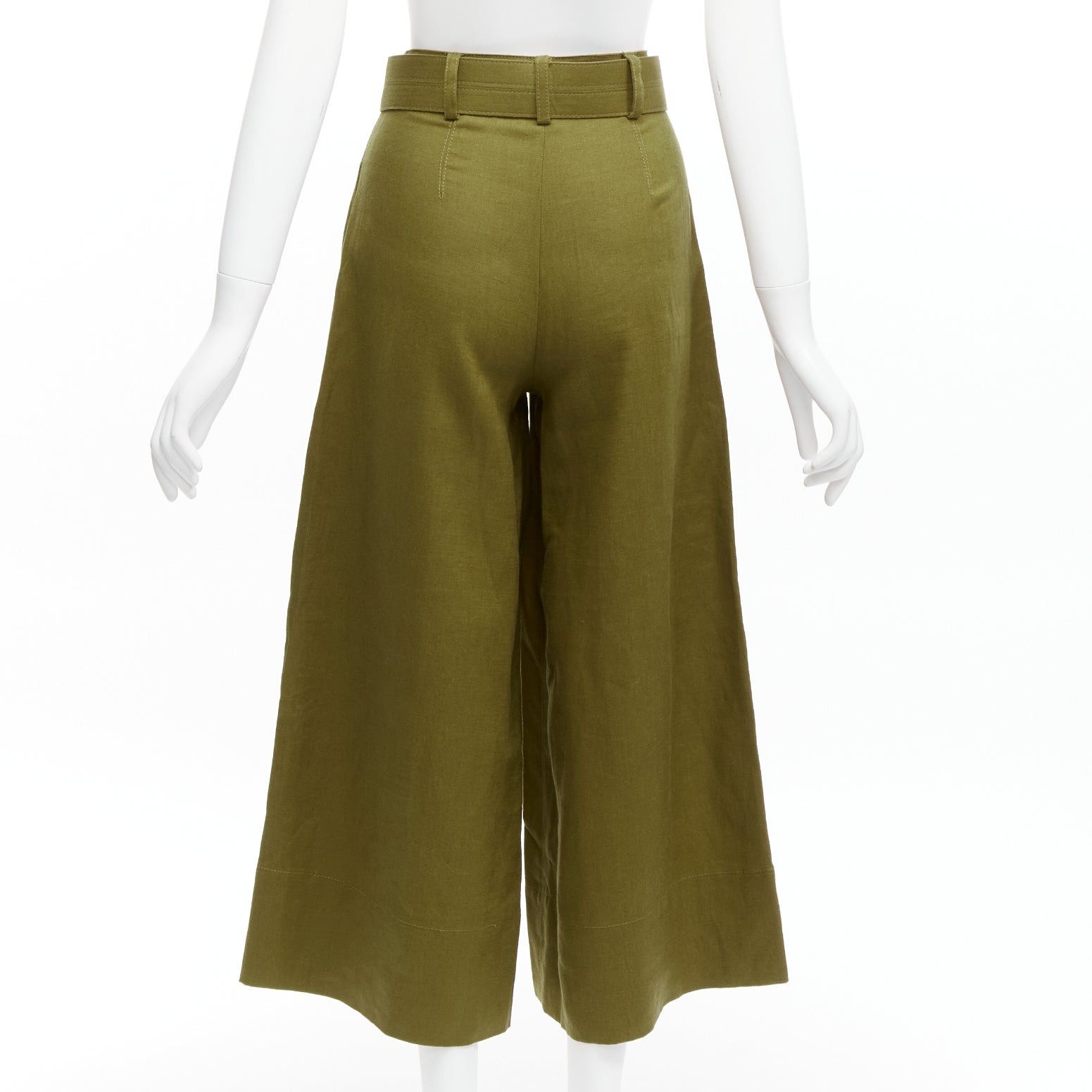 NICHOLAS military green 100% linen high waisted belted wide leg pants US6 M