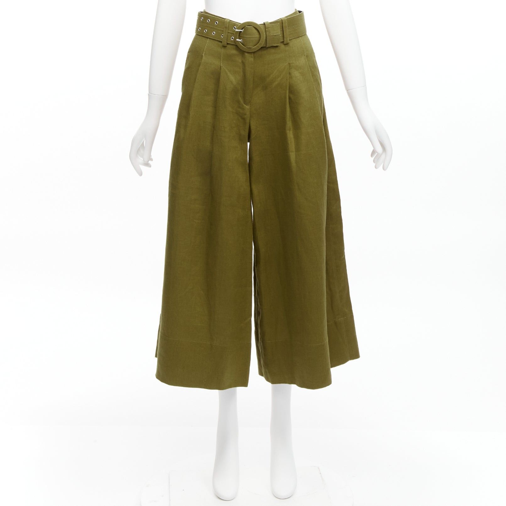NICHOLAS military green 100% linen high waisted belted wide leg pants US6 M