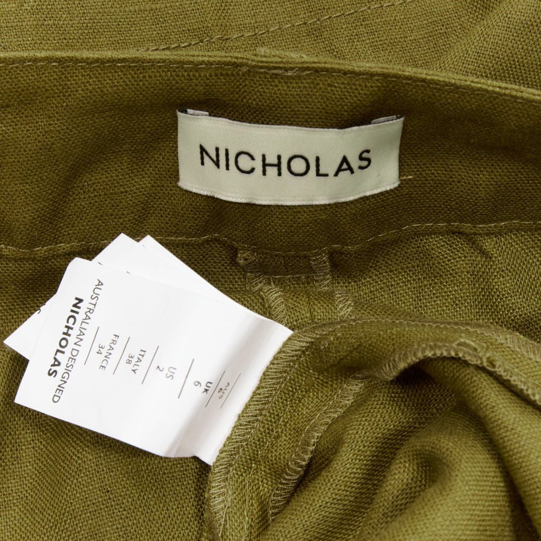 NICHOLAS military green 100% linen high waisted belted wide leg pants US6 M
