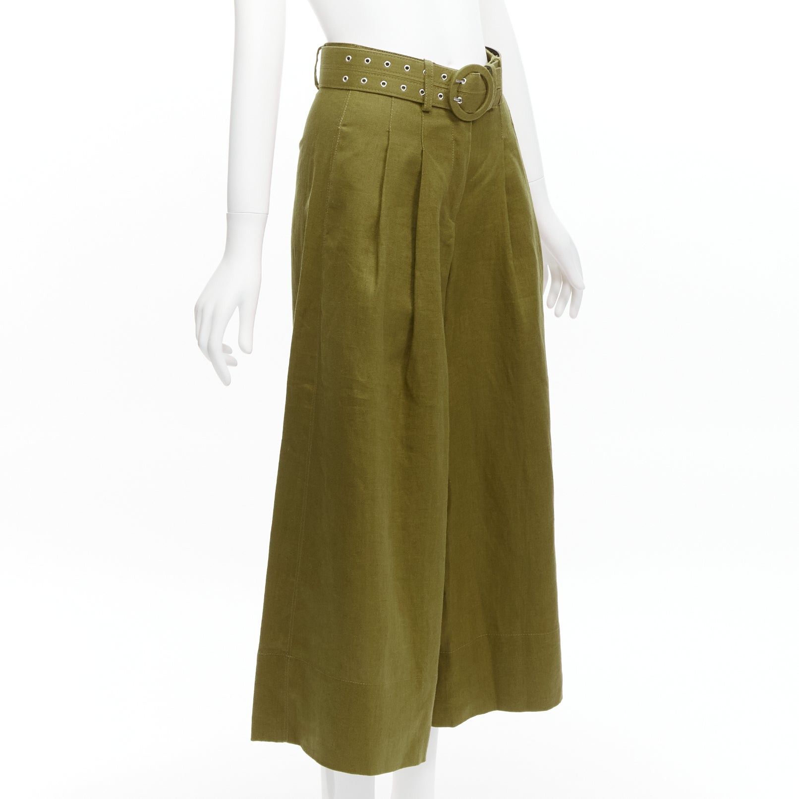 NICHOLAS military green 100% linen high waisted belted wide leg pants US6 M