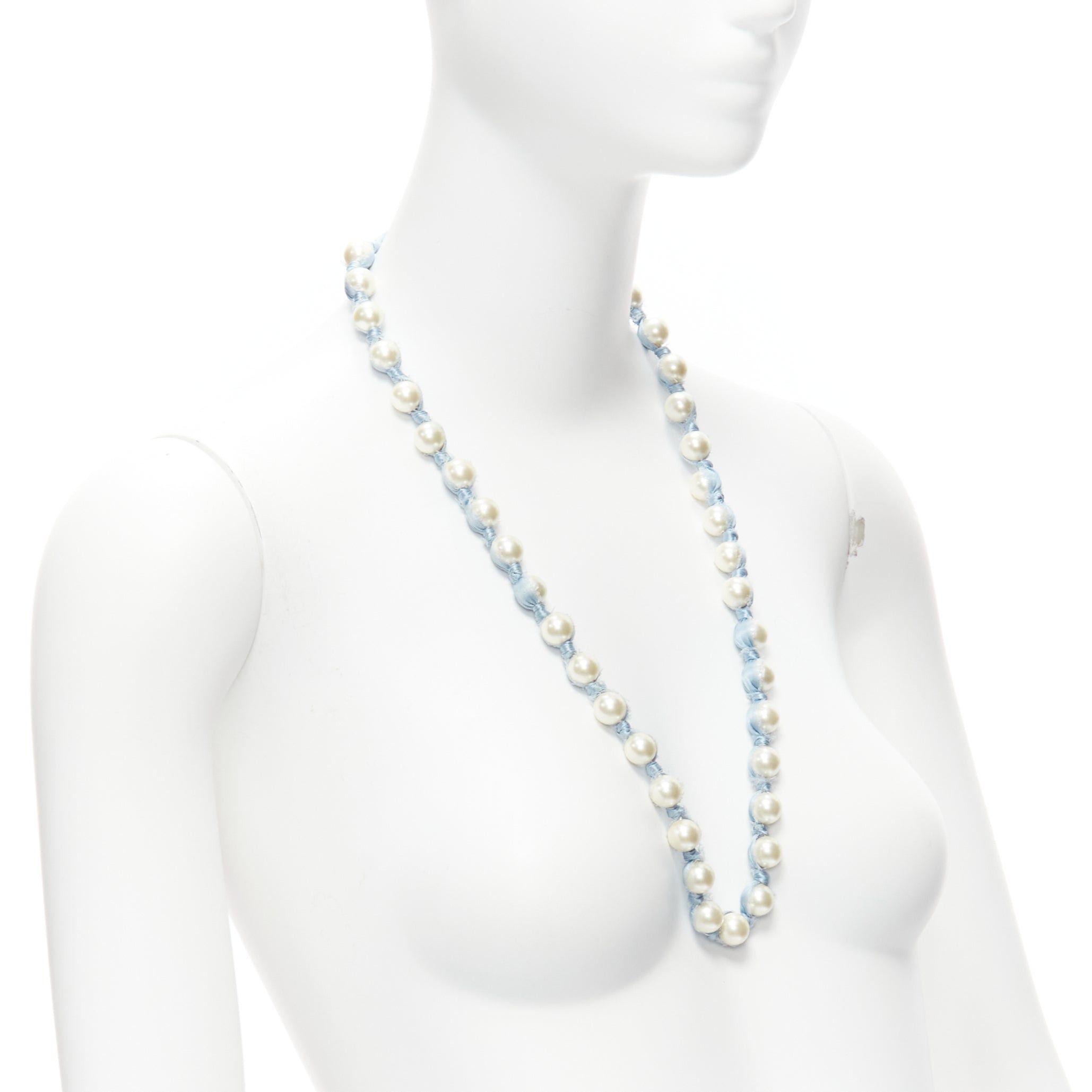 Lanvin LANVIN ALBER ELBAZ cream pearl blue silk ribbon wrap long necklace Size ONE SIZE - 3 Thumbnail