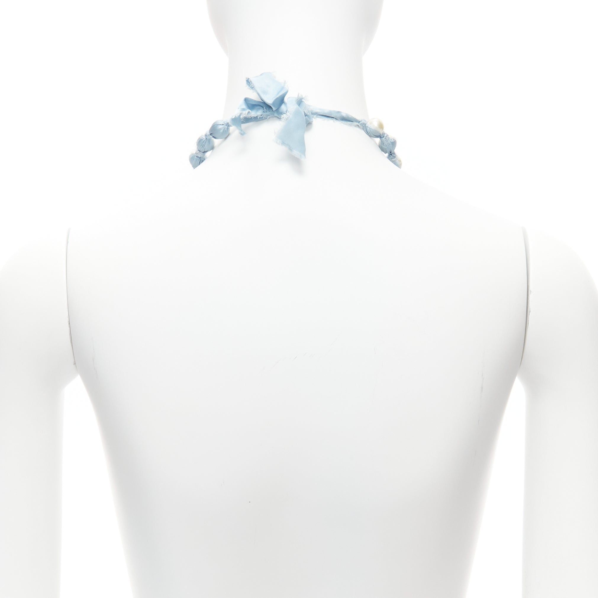 Lanvin LANVIN ALBER ELBAZ cream pearl blue silk ribbon wrap long necklace Size ONE SIZE - 5 Thumbnail
