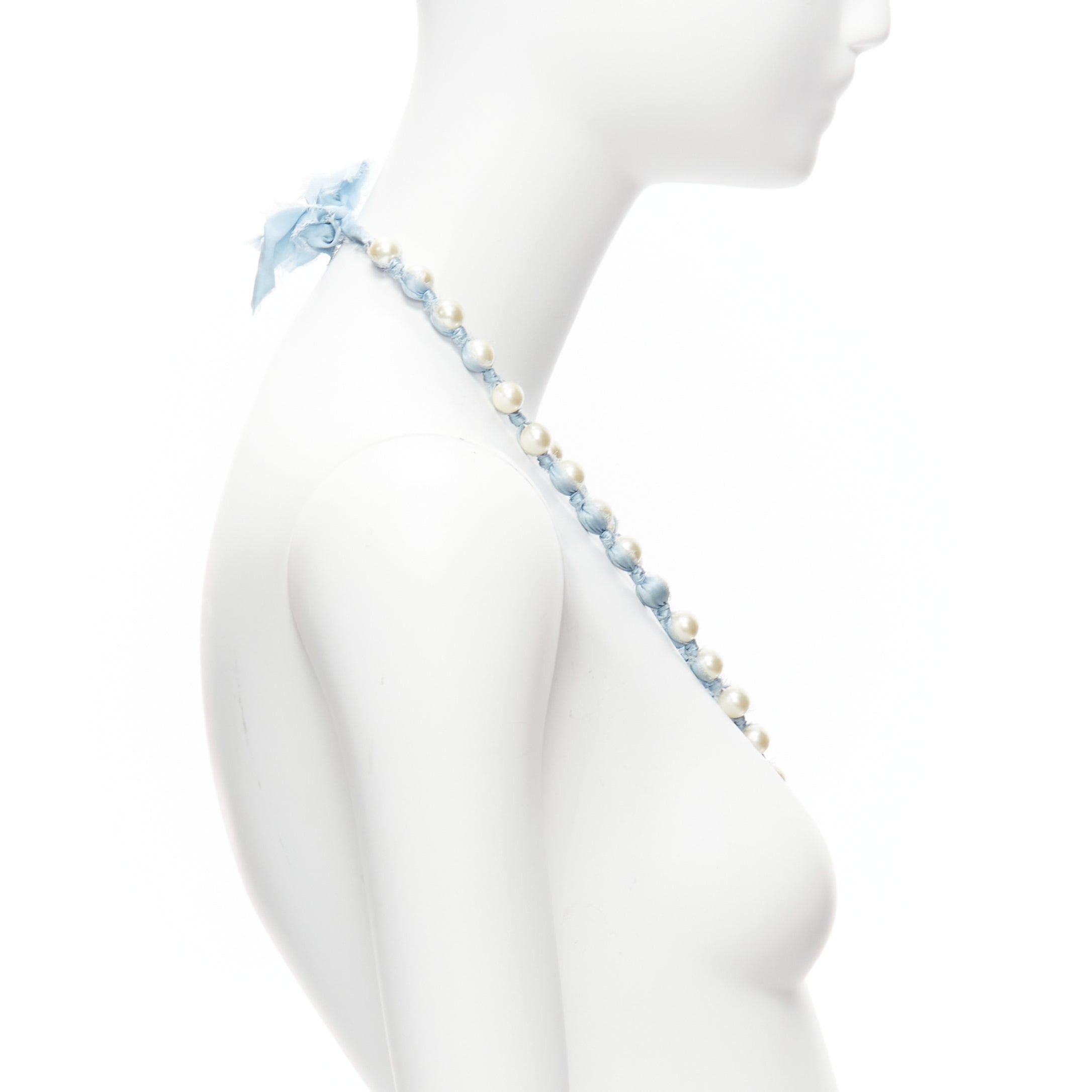 Lanvin LANVIN ALBER ELBAZ cream pearl blue silk ribbon wrap long necklace Size ONE SIZE - 4 Thumbnail