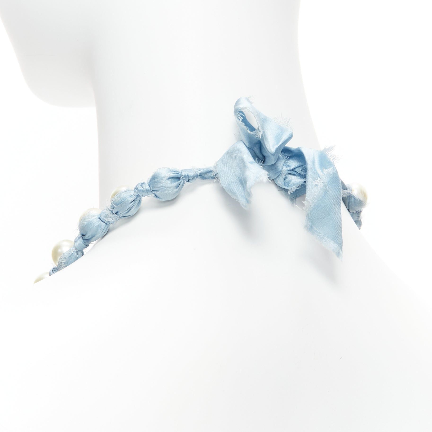 Lanvin LANVIN ALBER ELBAZ cream pearl blue silk ribbon wrap long necklace Size ONE SIZE - 7 Thumbnail