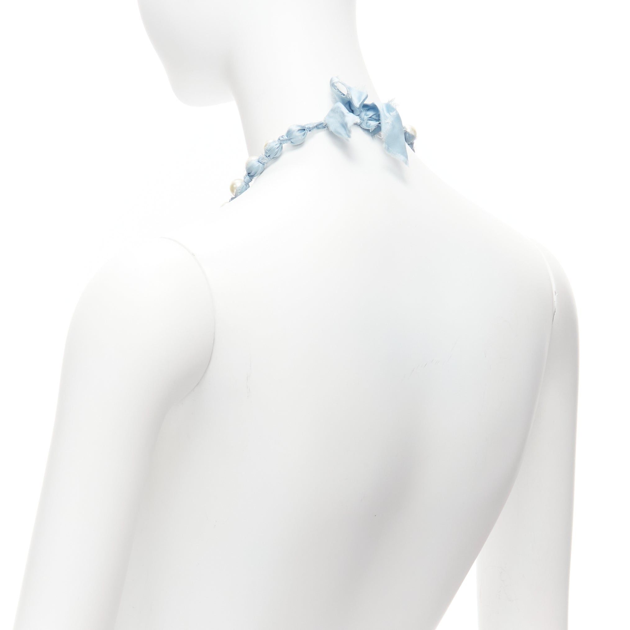 Lanvin LANVIN ALBER ELBAZ cream pearl blue silk ribbon wrap long necklace Size ONE SIZE - 6 Thumbnail