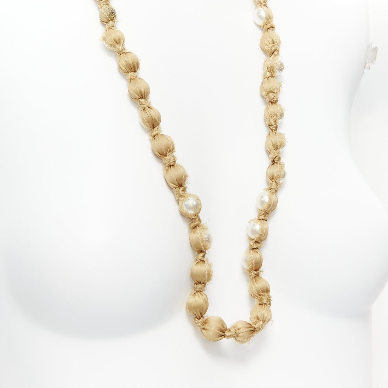 Lanvin LANVIN ALBER ELBAZ gold silk ribbon cream pearl wrap long necklace Size ONE SIZE - 2 Thumbnail