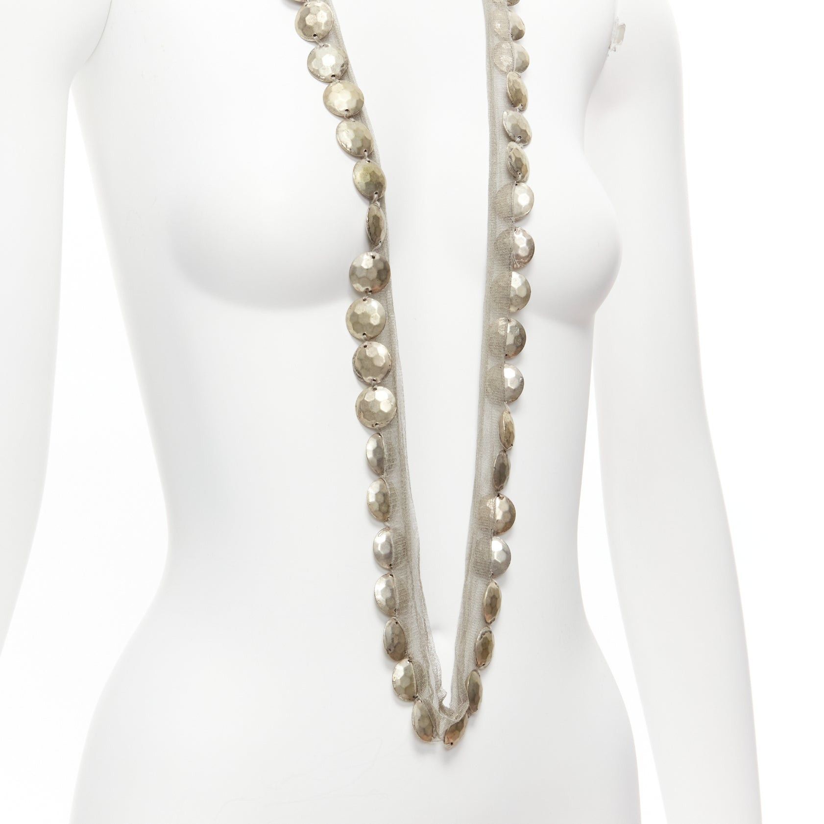 Lanvin LANVIN ALBER ELBAZ gold hammered coins beige mesh ribbon embellished long necklace Size ONE SIZE - 2 Thumbnail