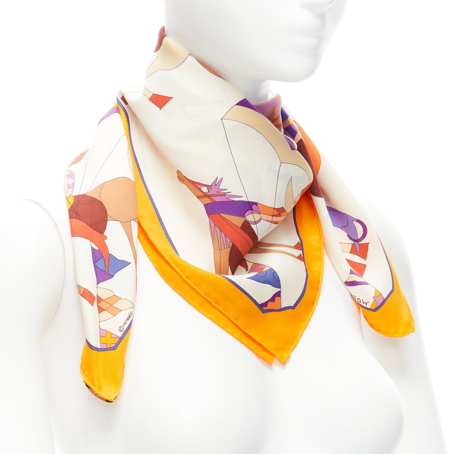 Hermes HERMES 100% silk Un Amour De Cheval print yellow purple scarf Size ONE SIZE - 3 Thumbnail