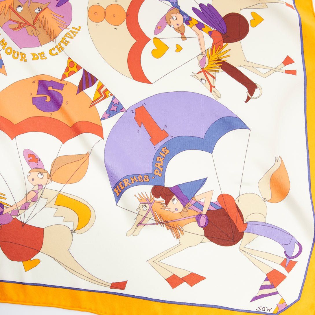 Hermes HERMES 100% silk Un Amour De Cheval print yellow purple scarf Size ONE SIZE - 2 Thumbnail