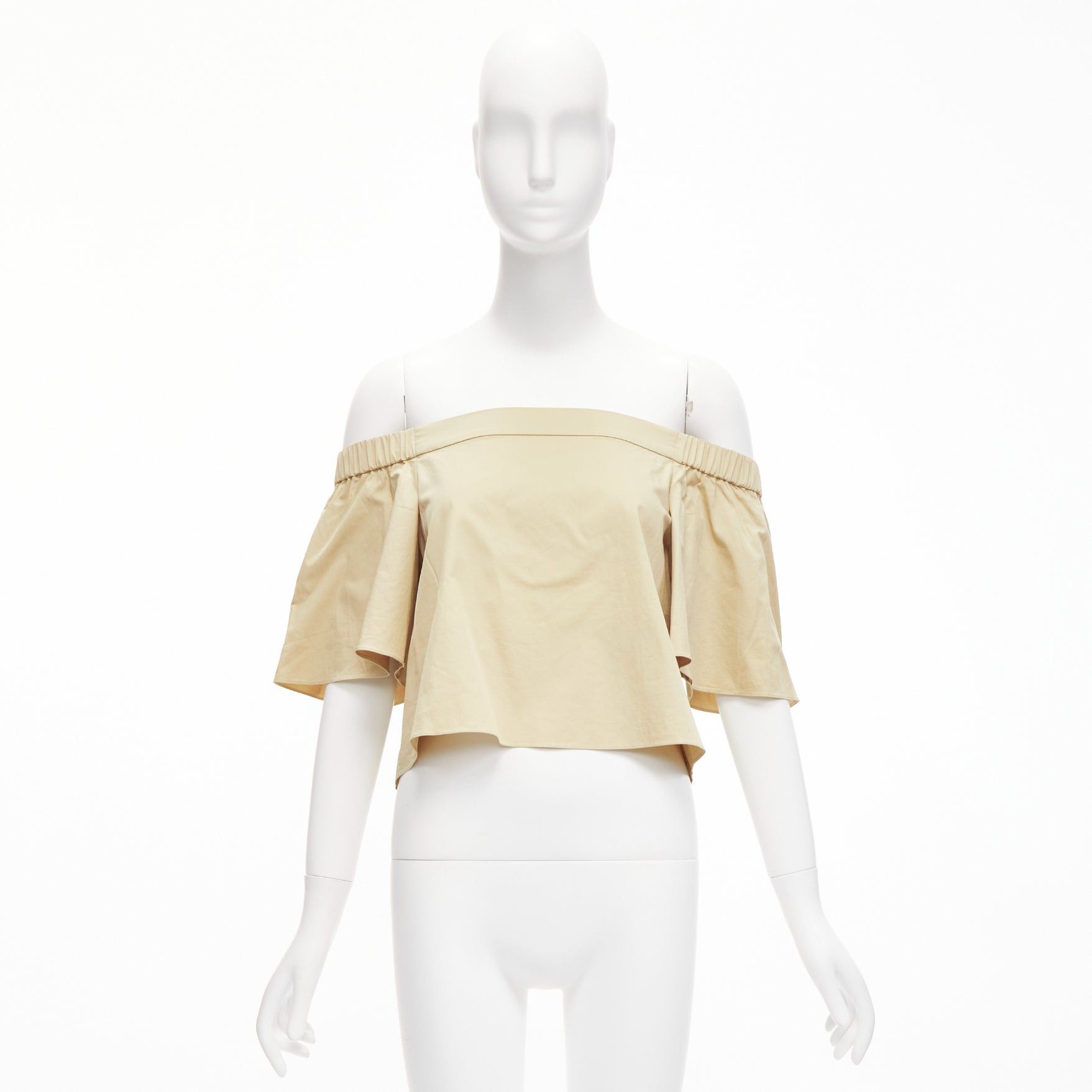 Tibi TIBI 100% cotton khaki off shoulder bell sleeves flared cropped top US0 XS Size XS / US 0-2 / IT 36-38 - 9 Thumbnail