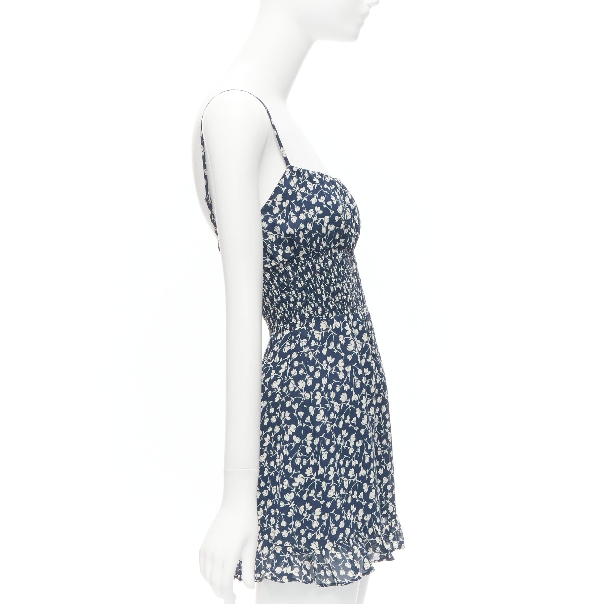Reformation REFORMATION Elyse white navy floral print smocked bodice mini dress US2 S Size S / US 4 / IT 40 - 4 Thumbnail