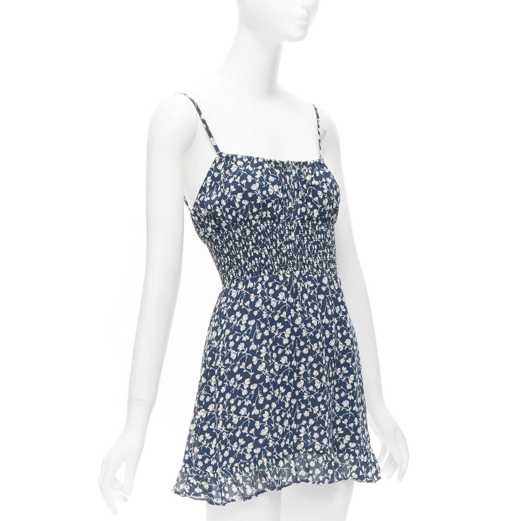 Reformation REFORMATION Elyse white navy floral print smocked bodice mini dress US2 S Size S / US 4 / IT 40 - 3 Thumbnail