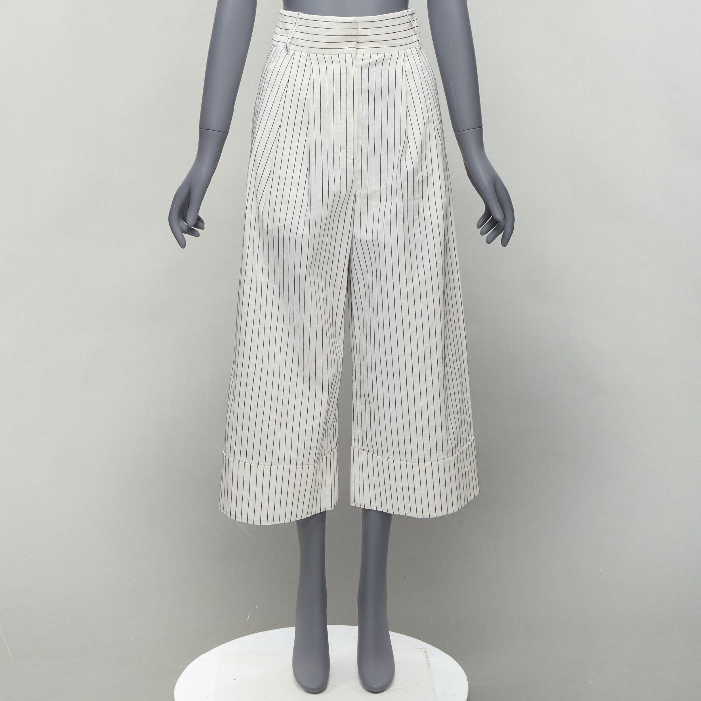 Tibi TIBI white black pinstriped linen blend pleated front wide leg cropped pants US0 XS Size 26" / US 2 / IT 38 - 9 Thumbnail