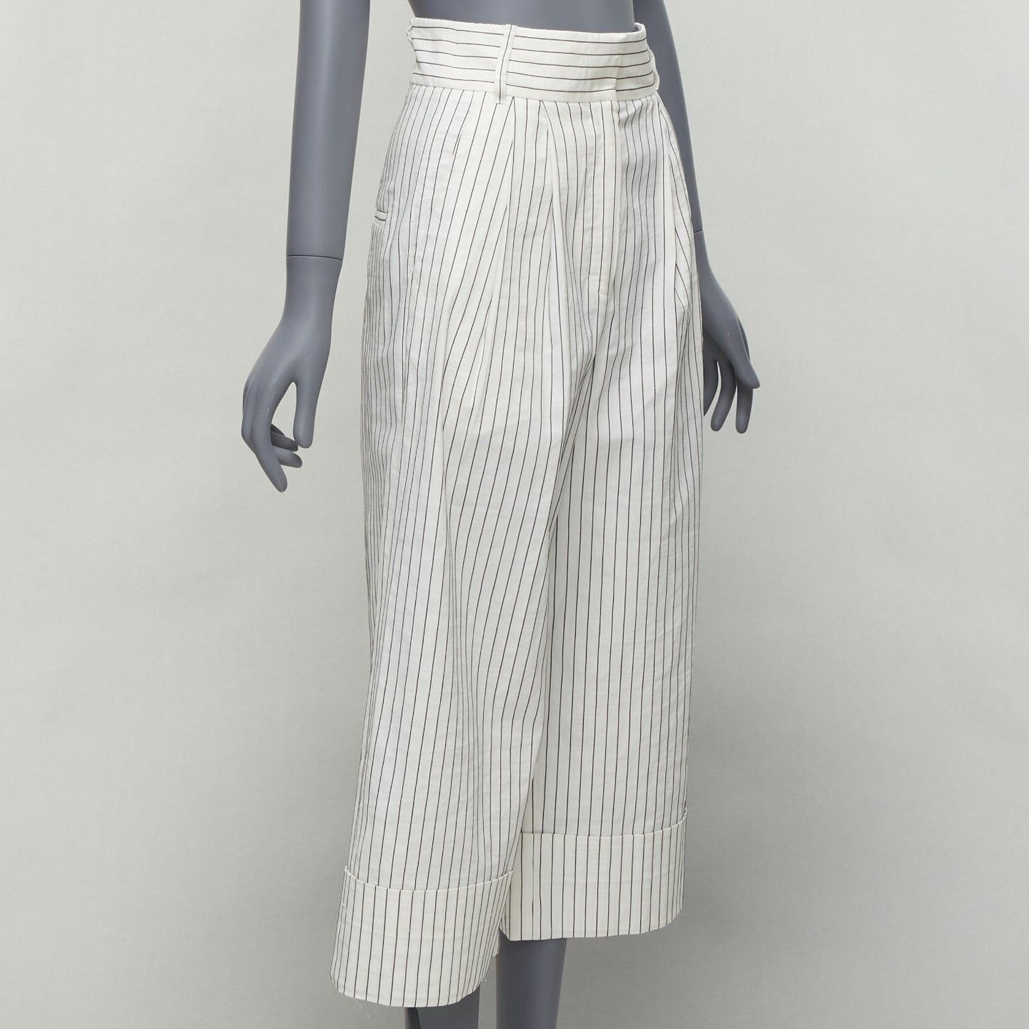Tibi TIBI white black pinstriped linen blend pleated front wide leg cropped pants US0 XS Size 26" / US 2 / IT 38 - 3 Thumbnail