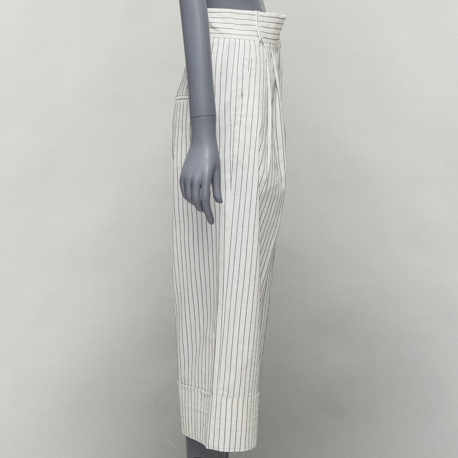 Tibi TIBI white black pinstriped linen blend pleated front wide leg cropped pants US0 XS Size 26" / US 2 / IT 38 - 4 Thumbnail