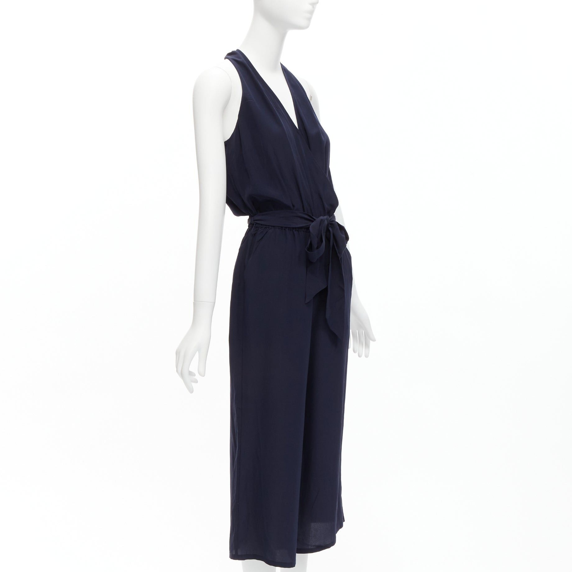 Tory Burch TORY BURCH 100% silk navy V neck wide leg wrap tie wide leg jumpsuit XS Size 26" / US 2 / IT 38 - 3 Thumbnail