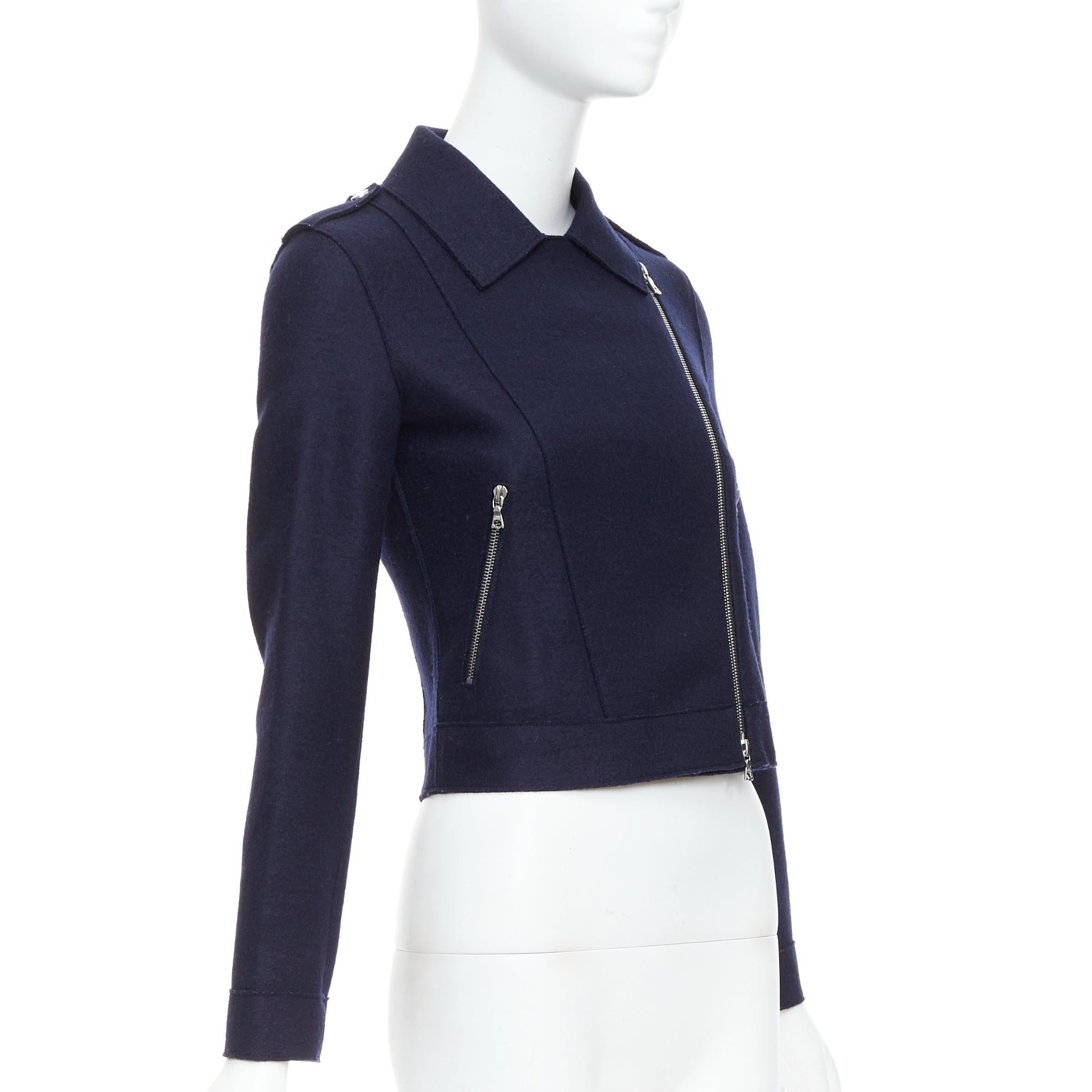 Harris Wharf London HARRIS WHARF LONDON navy virgin wool cropped biker jacket IT38 XS Size XS / US 0-2 / IT 36-38 - 4 Thumbnail