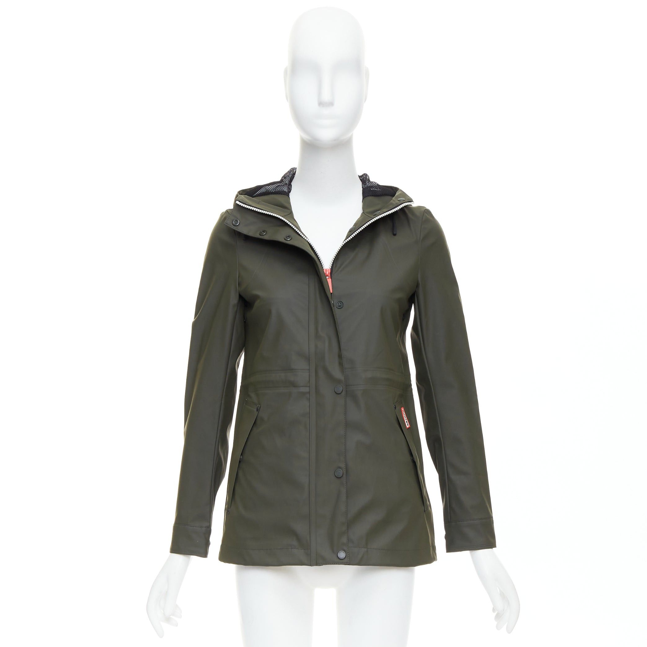 Hunter HUNTER Original dark olive green rubberized white zip rain jacket XXS Size XS / US 0-2 / IT 36-38 - 10 Thumbnail
