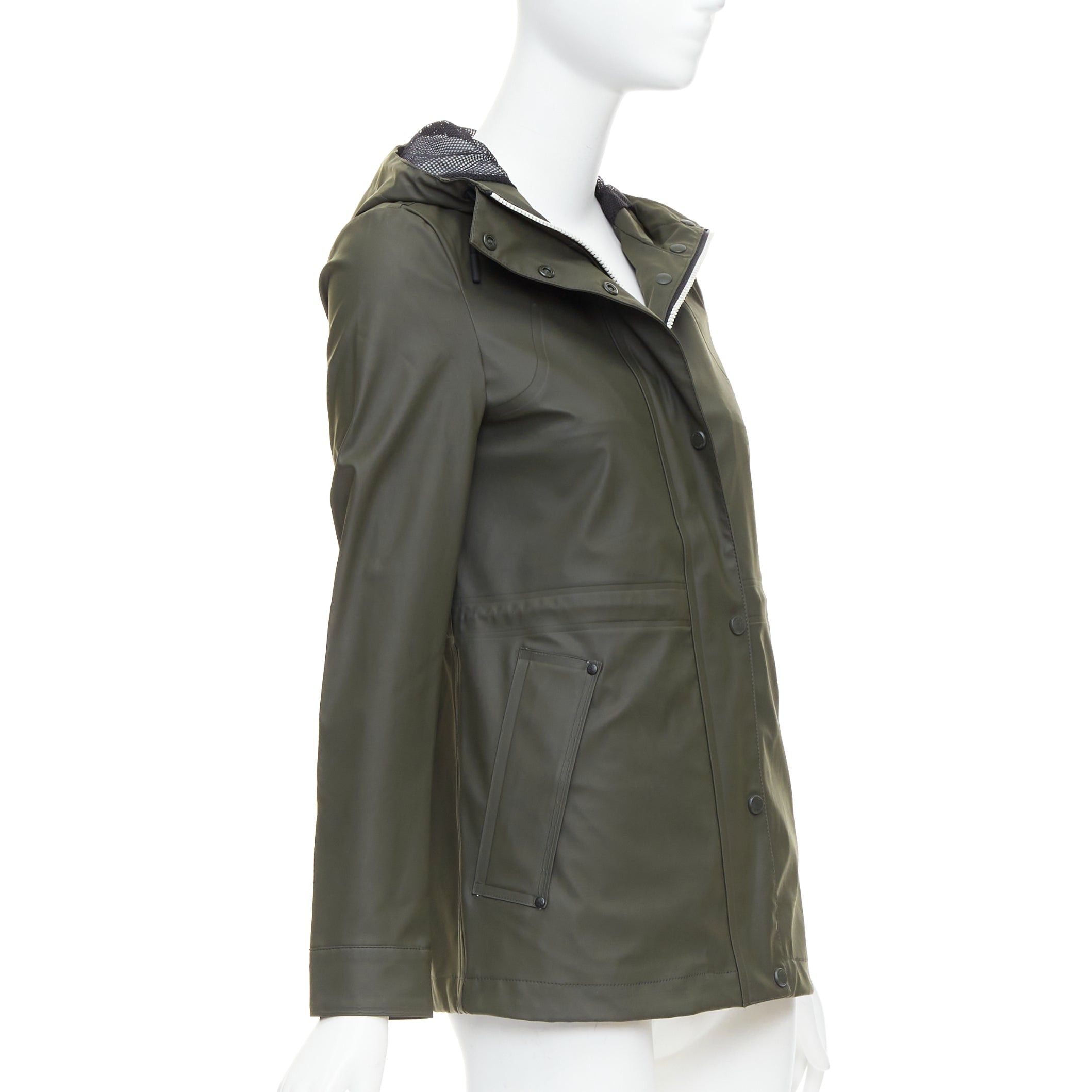 Hunter HUNTER Original dark olive green rubberized white zip rain jacket XXS Size XS / US 0-2 / IT 36-38 - 4 Thumbnail
