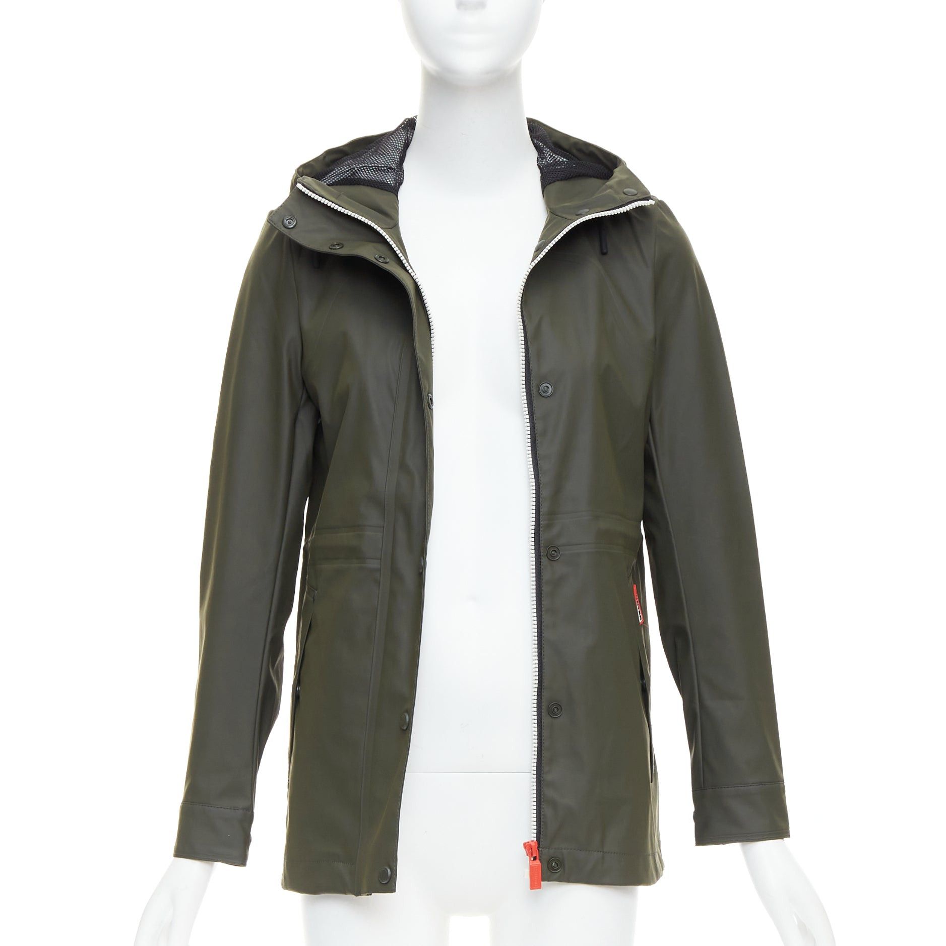 Hunter HUNTER Original dark olive green rubberized white zip rain jacket XXS Size XS / US 0-2 / IT 36-38 - 3 Thumbnail