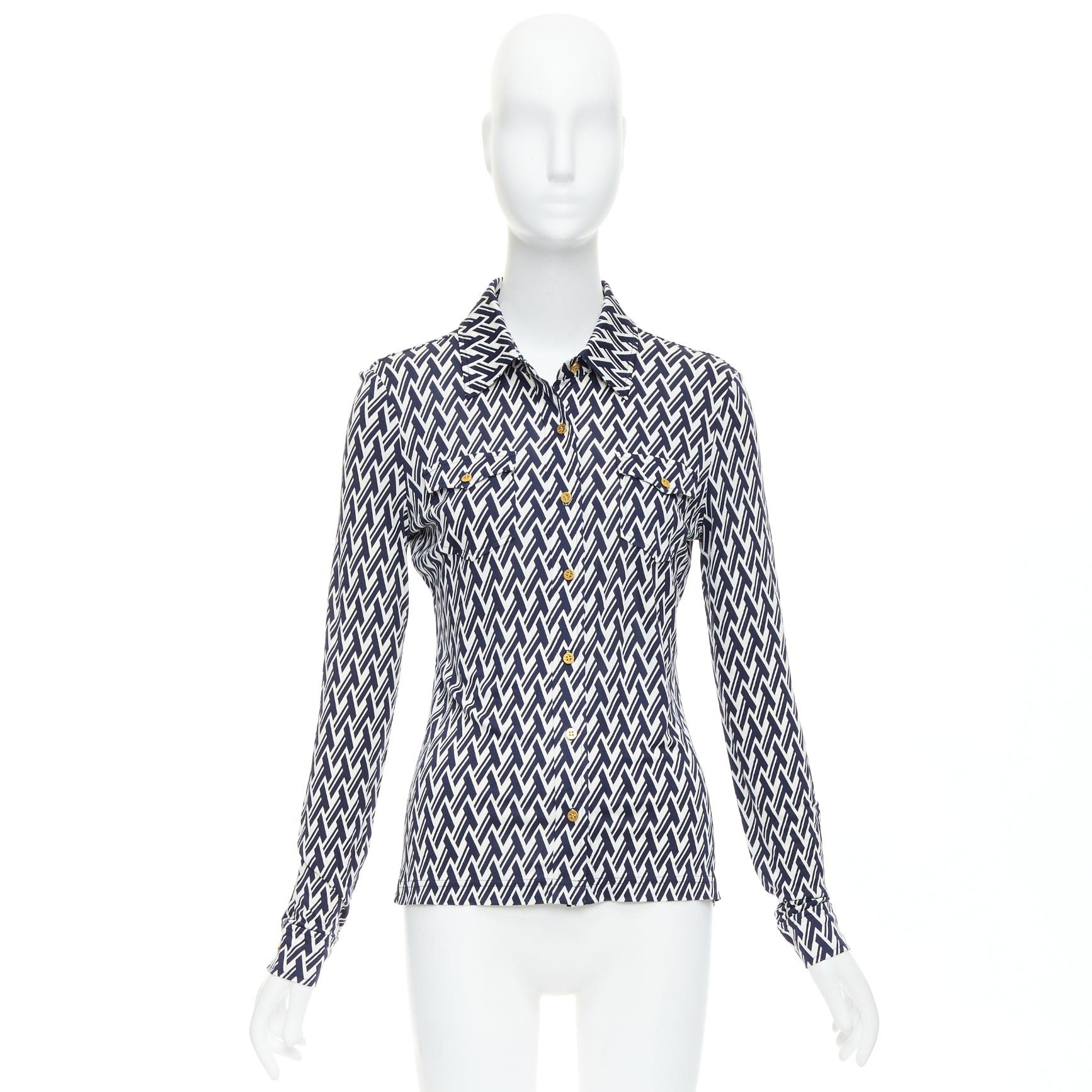 Tory Burch TORY BURCH navy cream T monogram print silk blend shirt XS Size S / US 4 / IT 40 - 9 Thumbnail