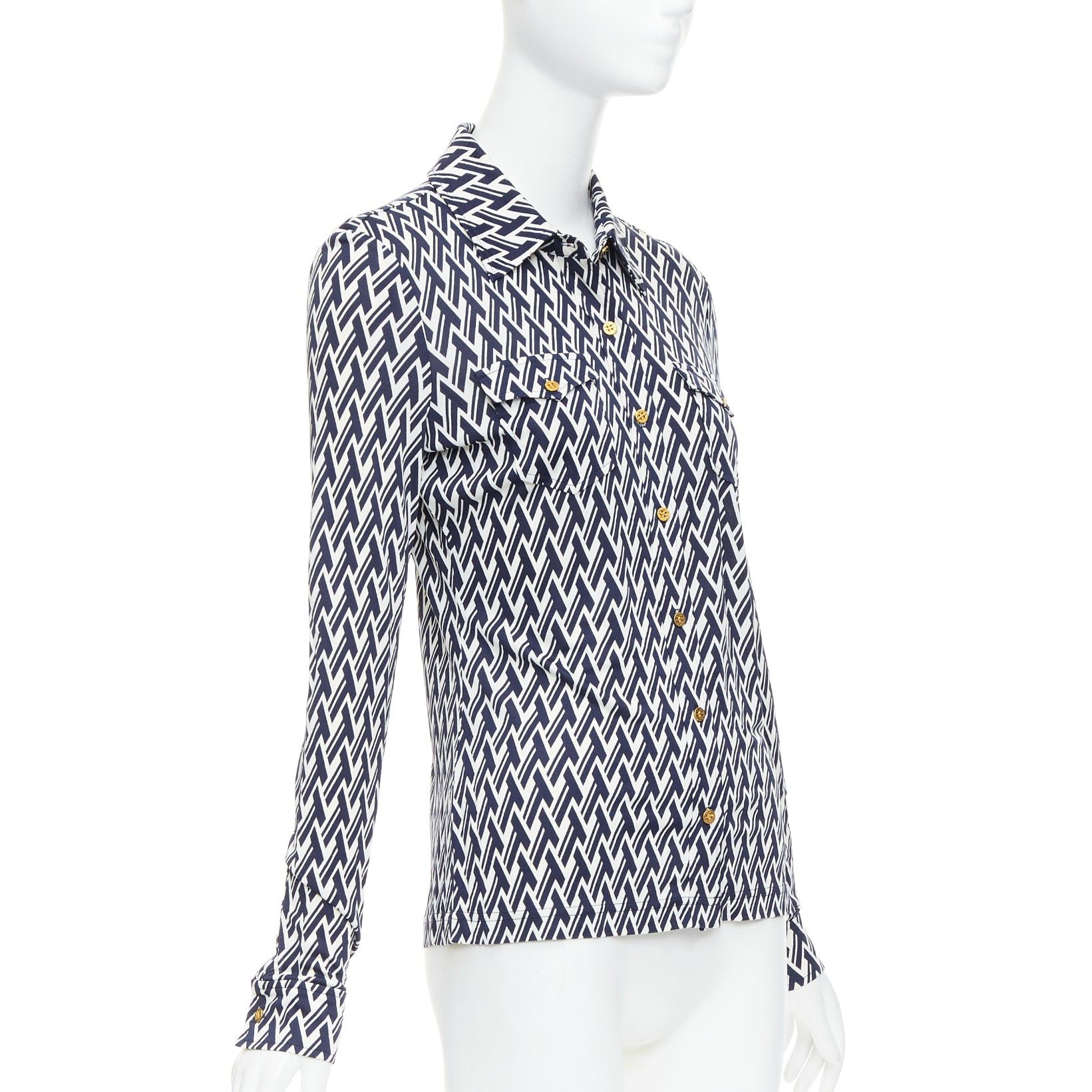 Tory Burch TORY BURCH navy cream T monogram print silk blend shirt XS Size S / US 4 / IT 40 - 3 Thumbnail