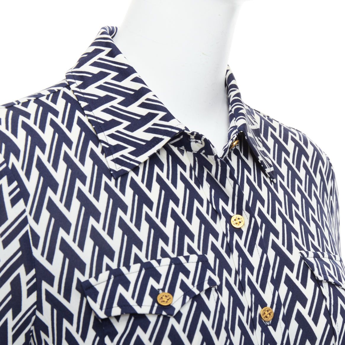 Tory Burch TORY BURCH navy cream T monogram print silk blend shirt XS Size S / US 4 / IT 40 - 2 Thumbnail