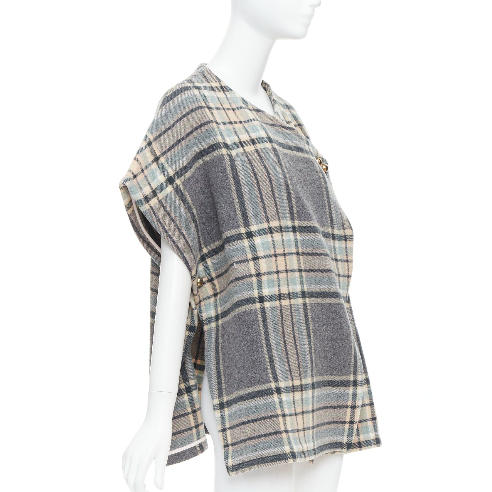 Chloe CHLOE grey pink virgin wool blend checked gold buttons cape top T3 XS Size XS / US 0-2 / IT 36-38 - 4 Thumbnail