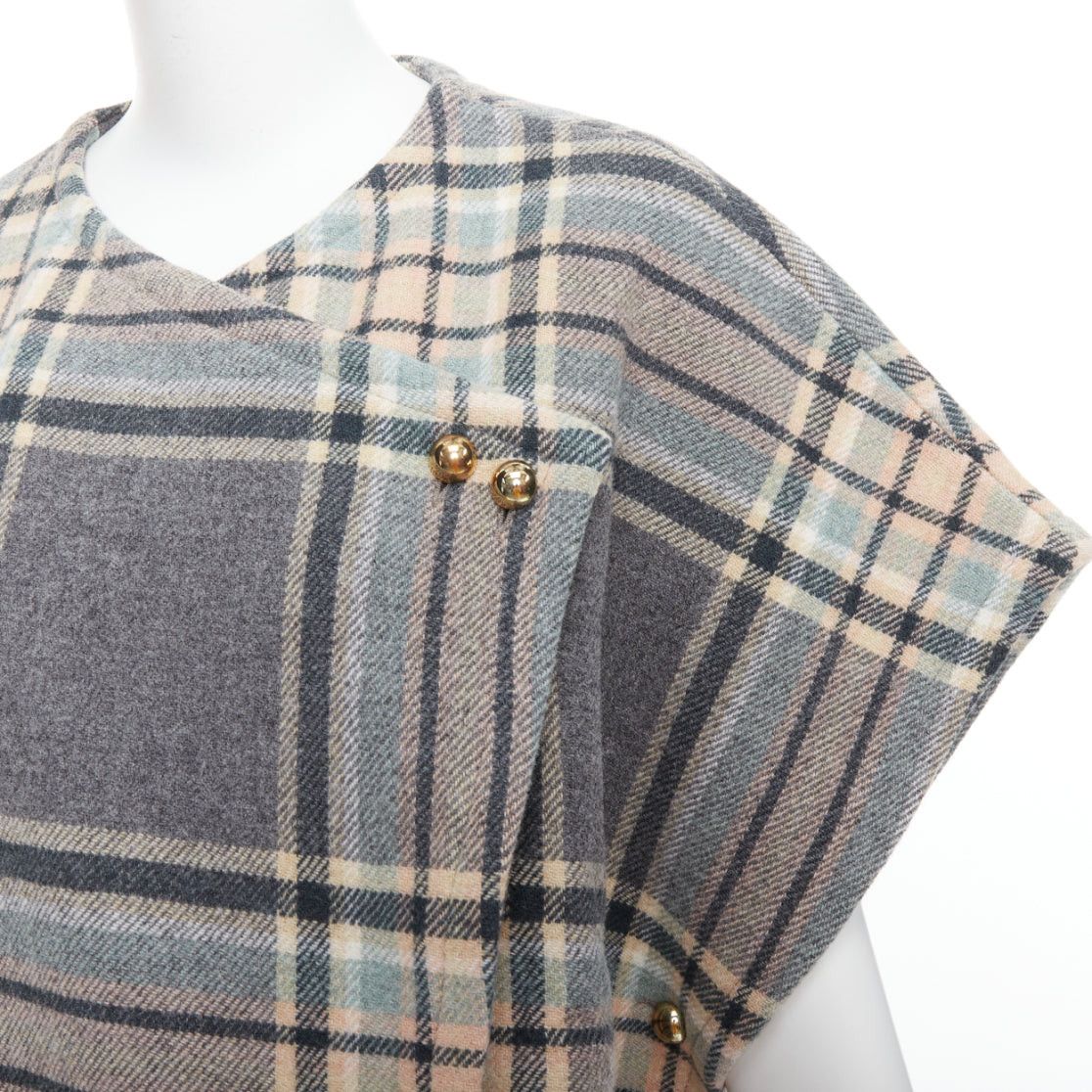 Chloe CHLOE grey pink virgin wool blend checked gold buttons cape top T3 XS Size XS / US 0-2 / IT 36-38 - 2 Thumbnail