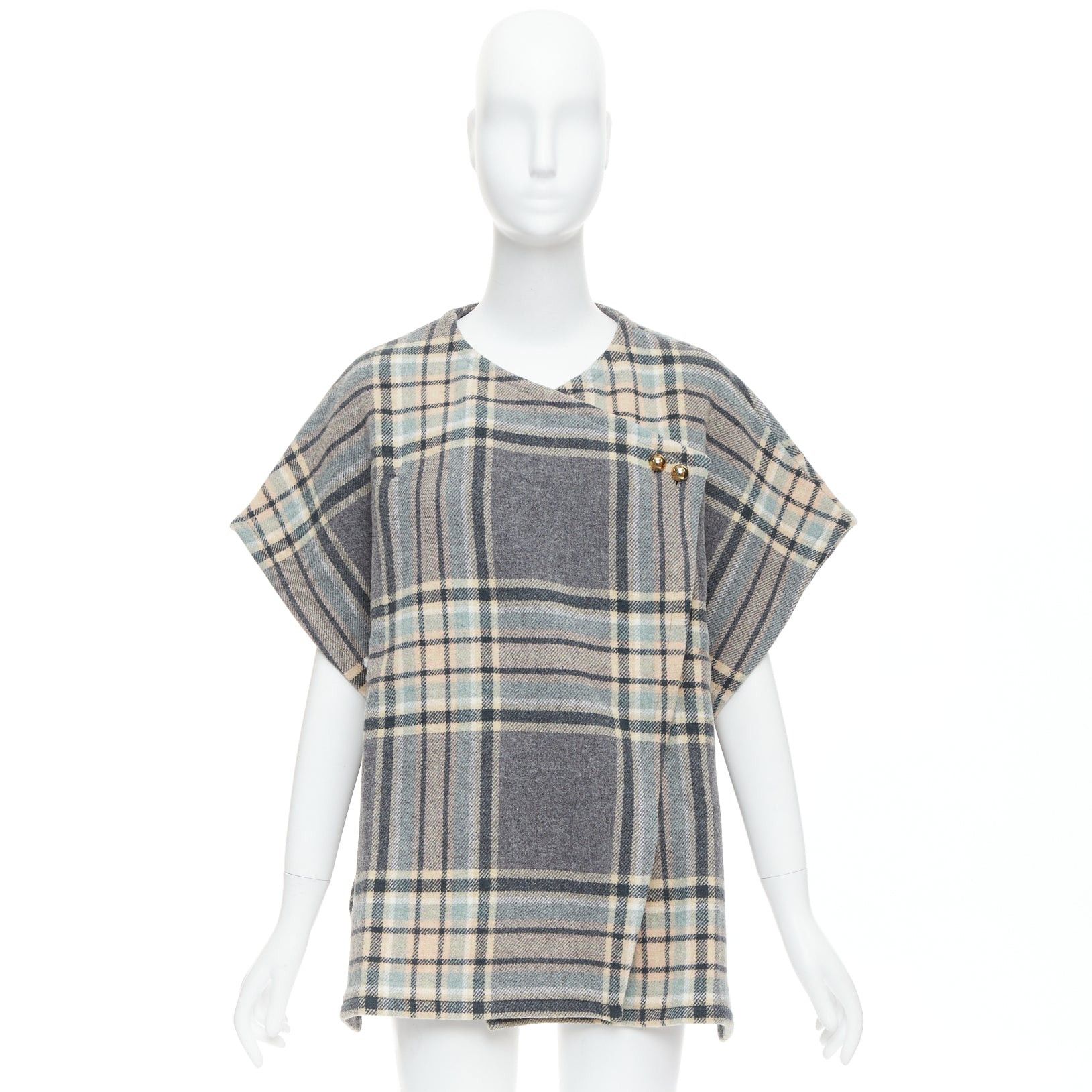 Chloe CHLOE grey pink virgin wool blend checked gold buttons cape top T3 XS Size XS / US 0-2 / IT 36-38 - 10 Thumbnail