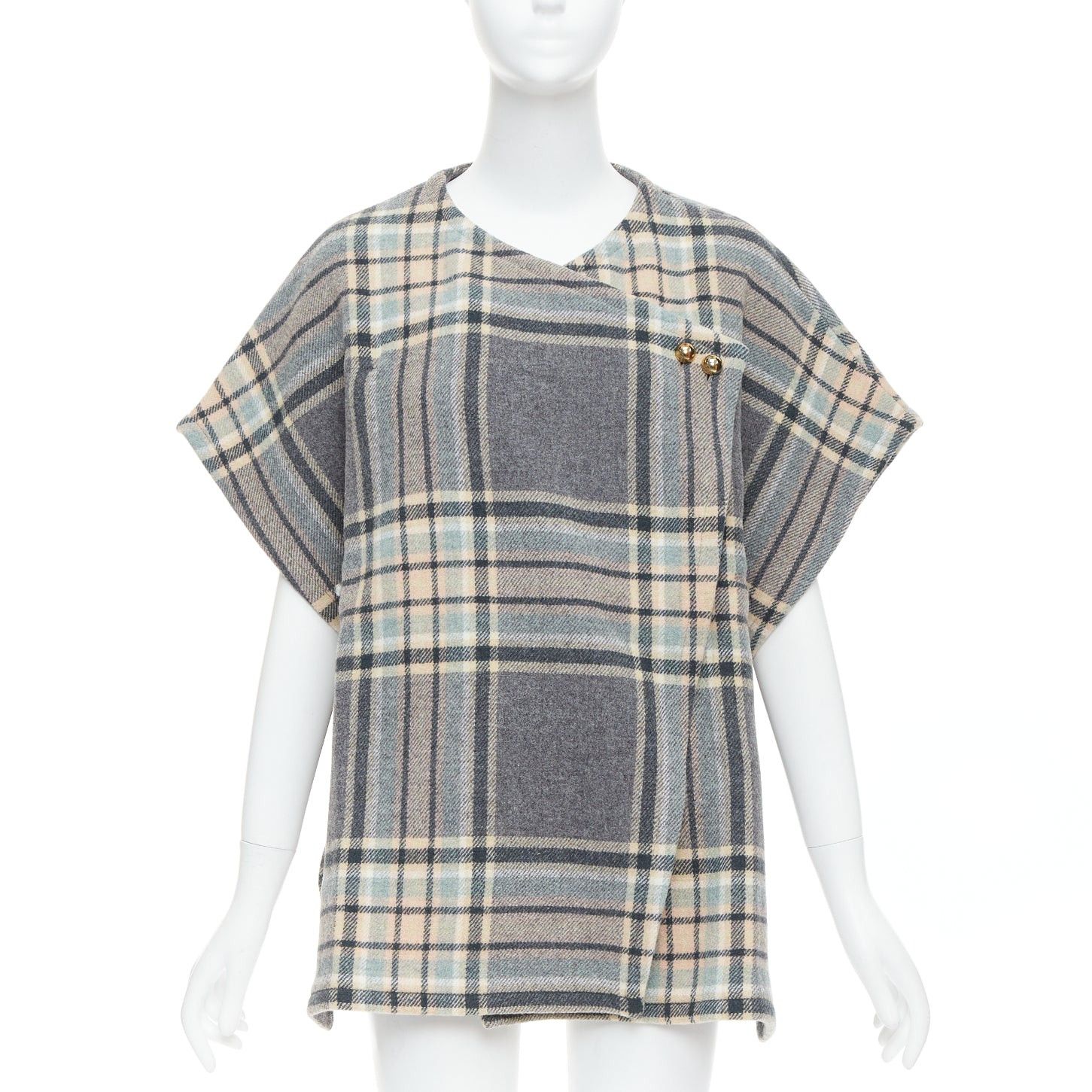 Chloe CHLOE grey pink virgin wool blend checked gold buttons cape top T3 XS Size XS / US 0-2 / IT 36-38 - 3 Thumbnail