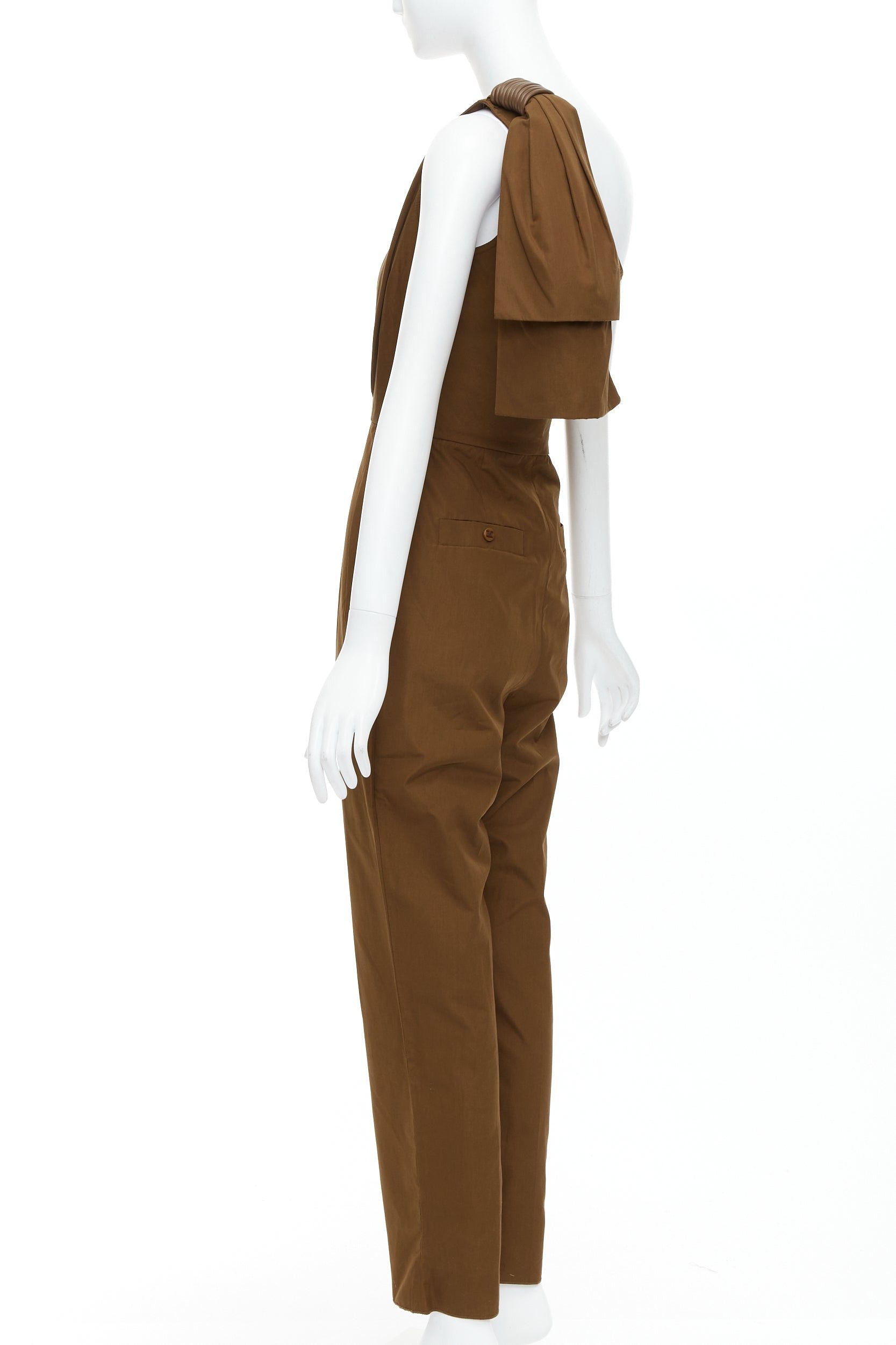 Max Mara MAX MARA Avola brown cotton poplin one shoulder leather trim jumpsuit IT36 XXS Size XS / US 0-2 / IT 36-38 - 6 Thumbnail