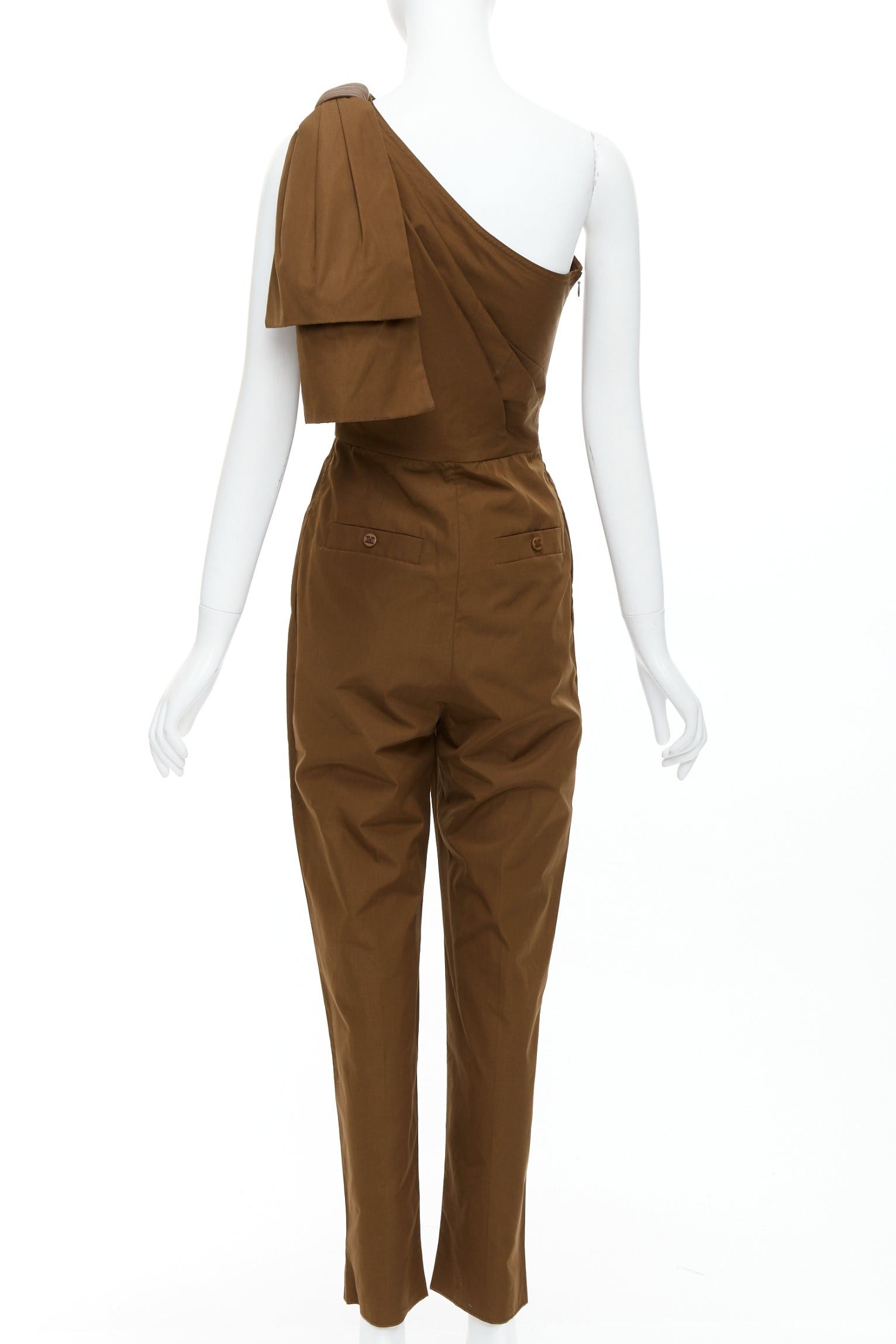 Max Mara MAX MARA Avola brown cotton poplin one shoulder leather trim jumpsuit IT36 XXS Size XS / US 0-2 / IT 36-38 - 5 Thumbnail