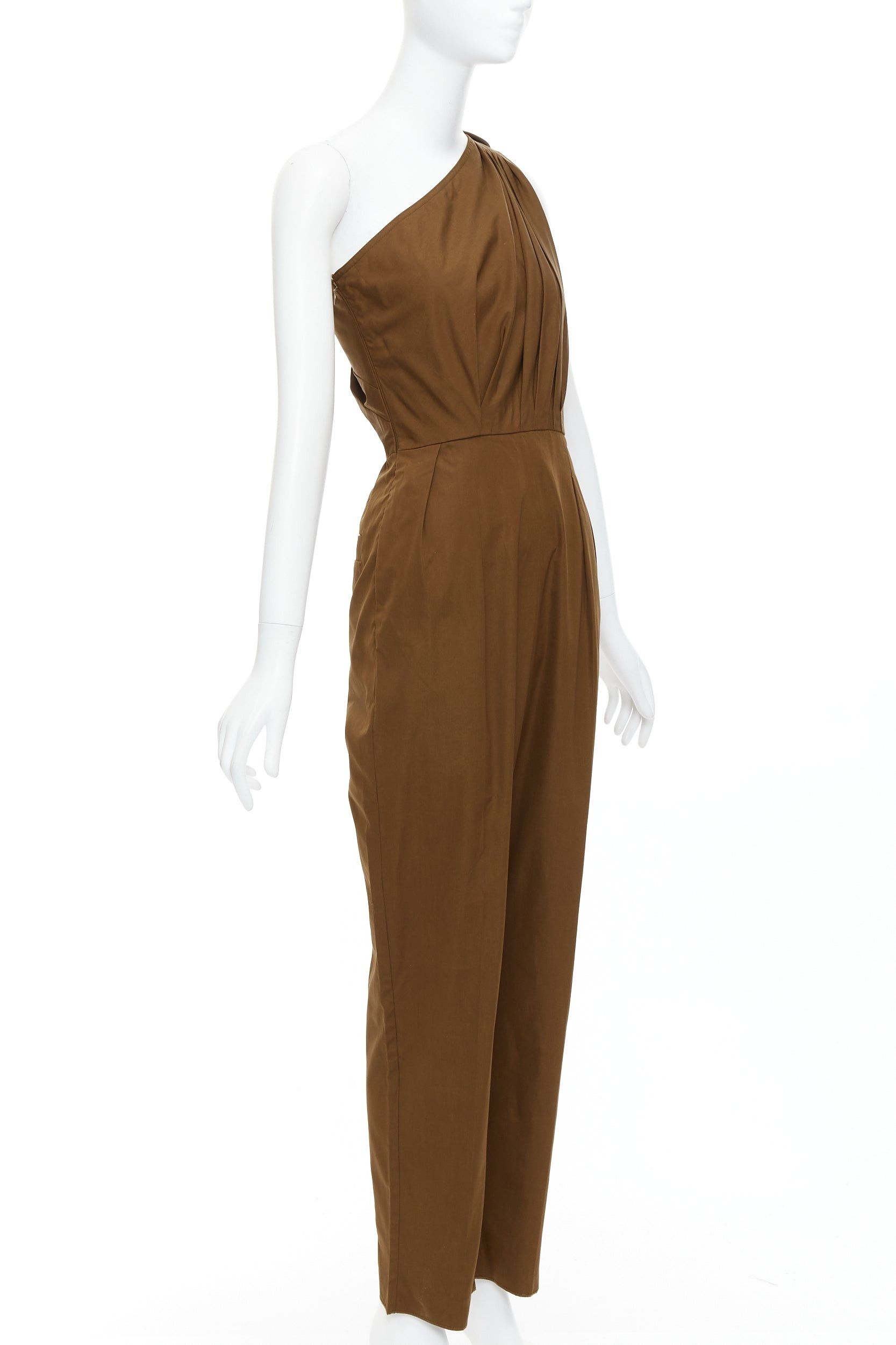 Max Mara MAX MARA Avola brown cotton poplin one shoulder leather trim jumpsuit IT36 XXS Size XS / US 0-2 / IT 36-38 - 3 Thumbnail