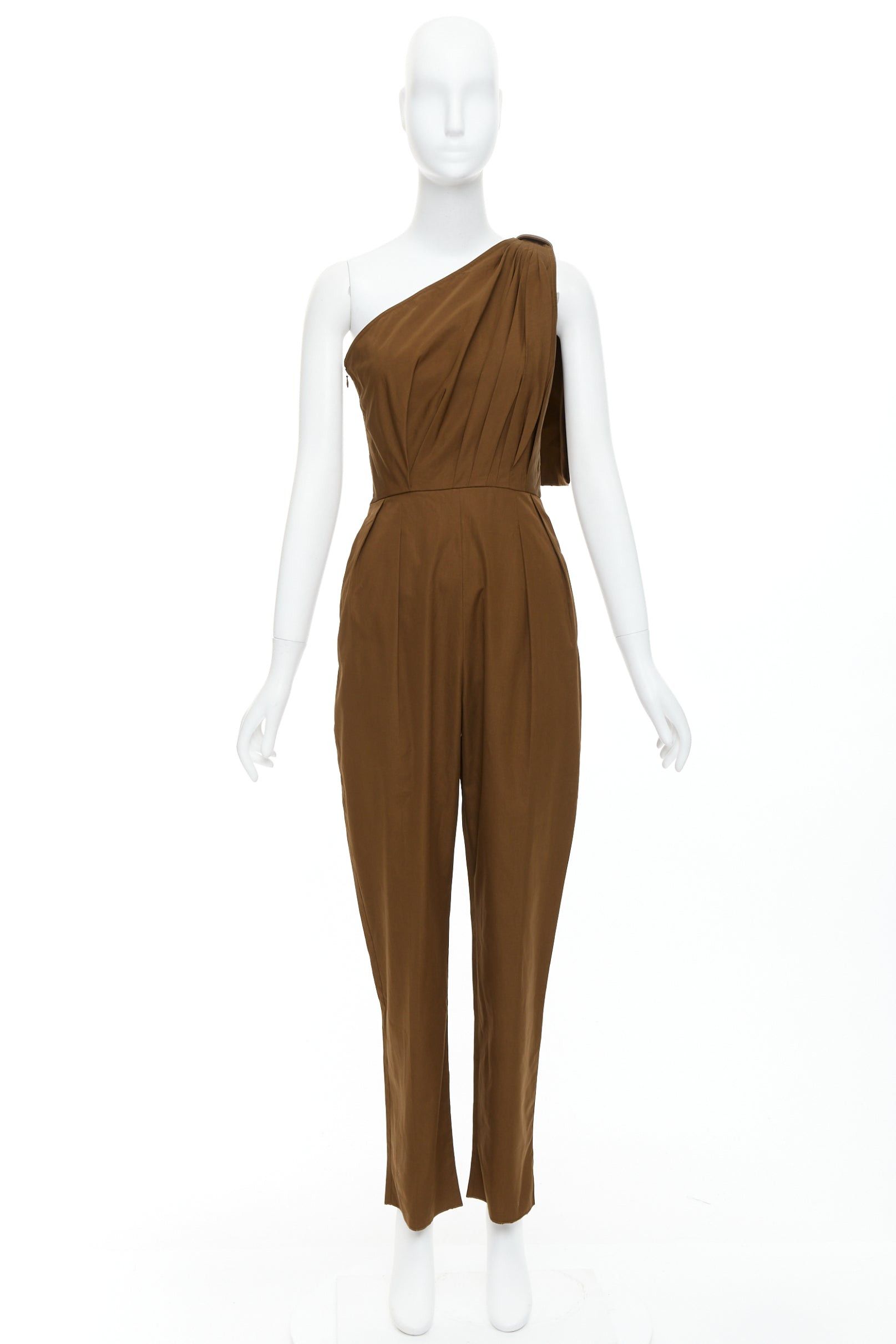 Max Mara MAX MARA Avola brown cotton poplin one shoulder leather trim jumpsuit IT36 XXS Size XS / US 0-2 / IT 36-38 - 9 Thumbnail