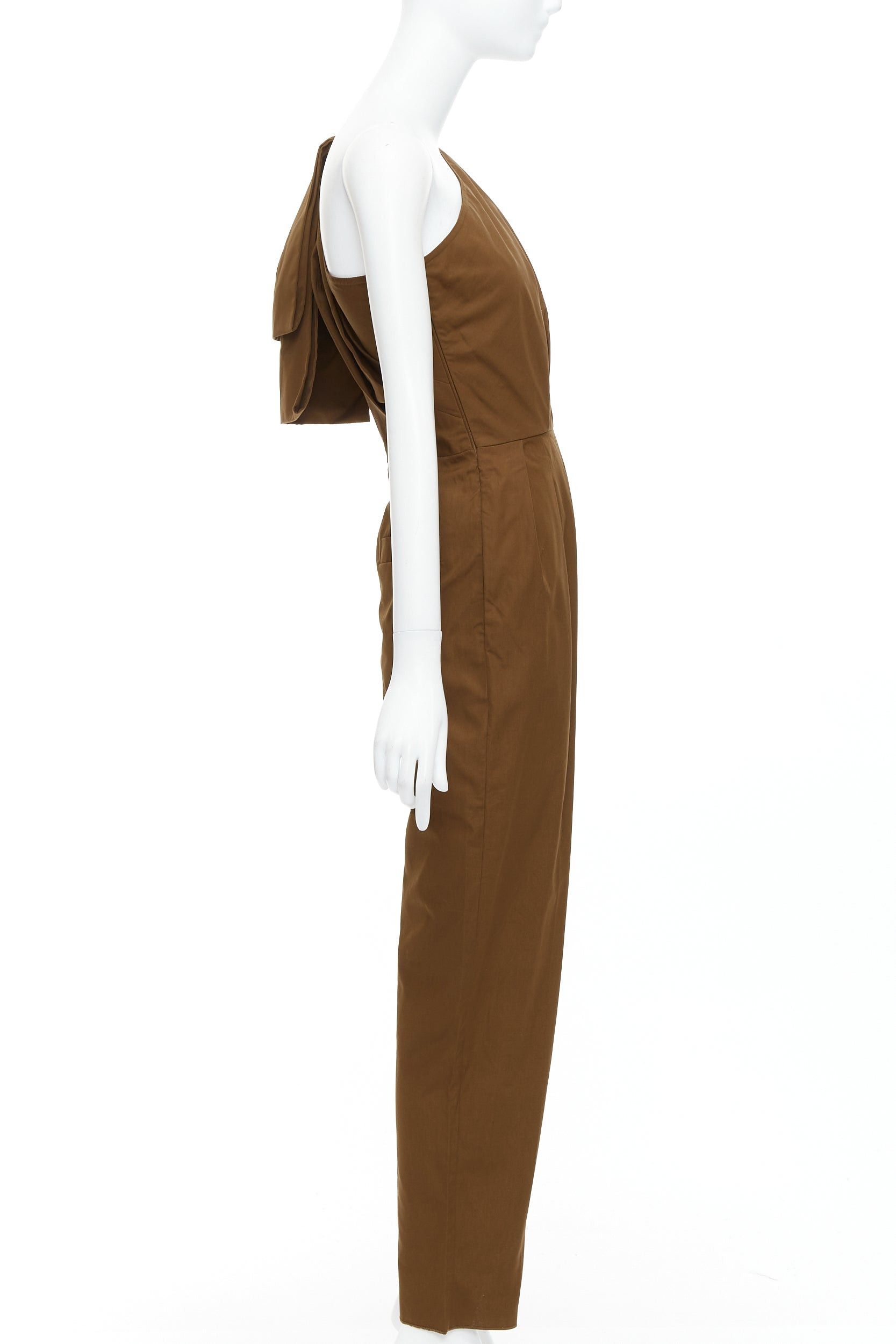 Max Mara MAX MARA Avola brown cotton poplin one shoulder leather trim jumpsuit IT36 XXS Size XS / US 0-2 / IT 36-38 - 4 Thumbnail
