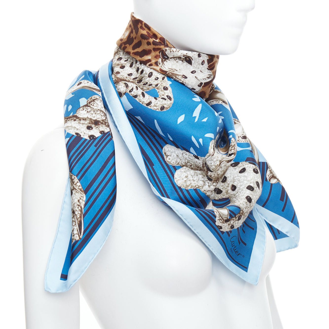 Cartier CARTIER 100% silk blue grey panther leopard ring print square scarf Size ONE SIZE - 3 Thumbnail