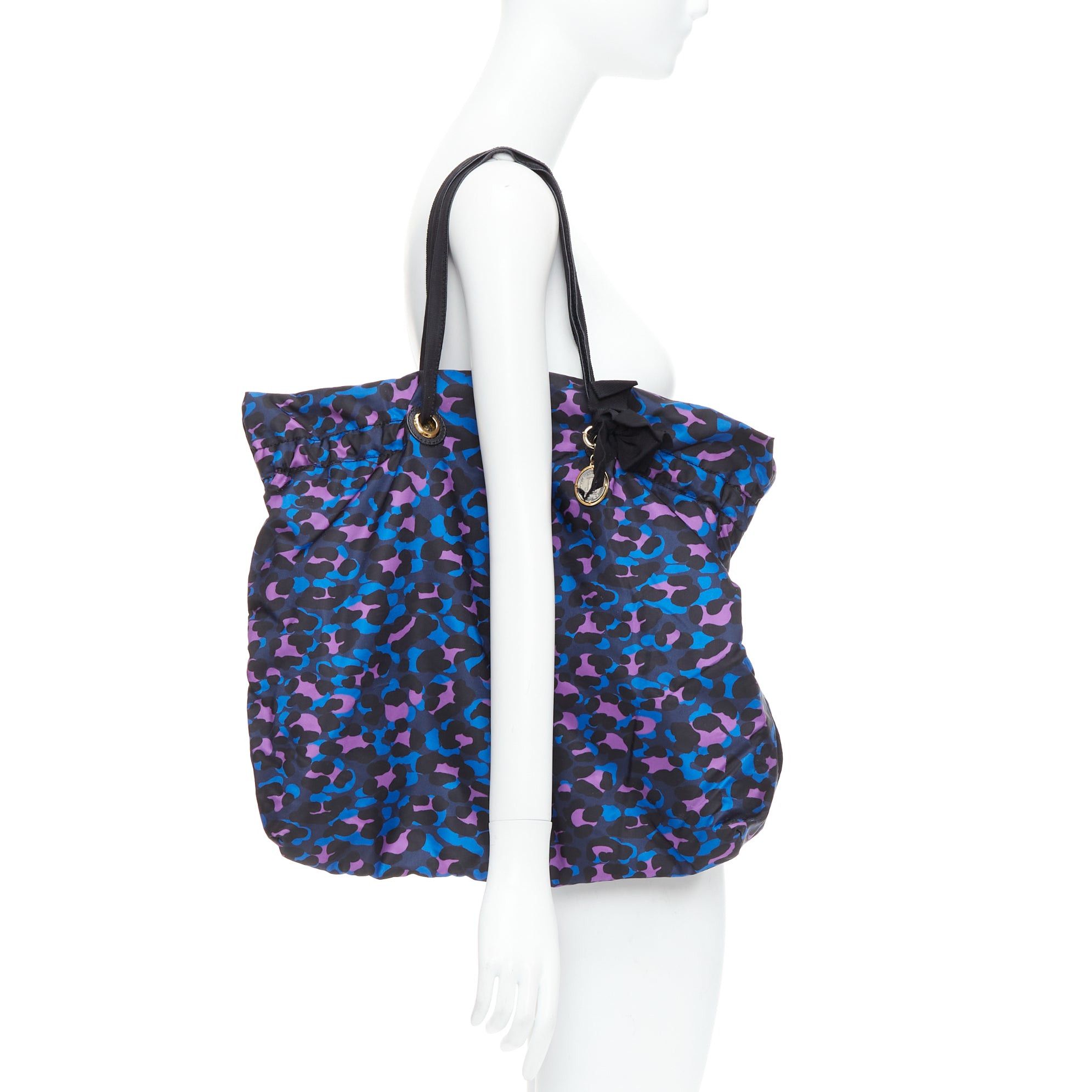 Lanvin LANVIN blue purple leopard print black bow strap shoulder tote bag Size ONE SIZE - 2 Thumbnail